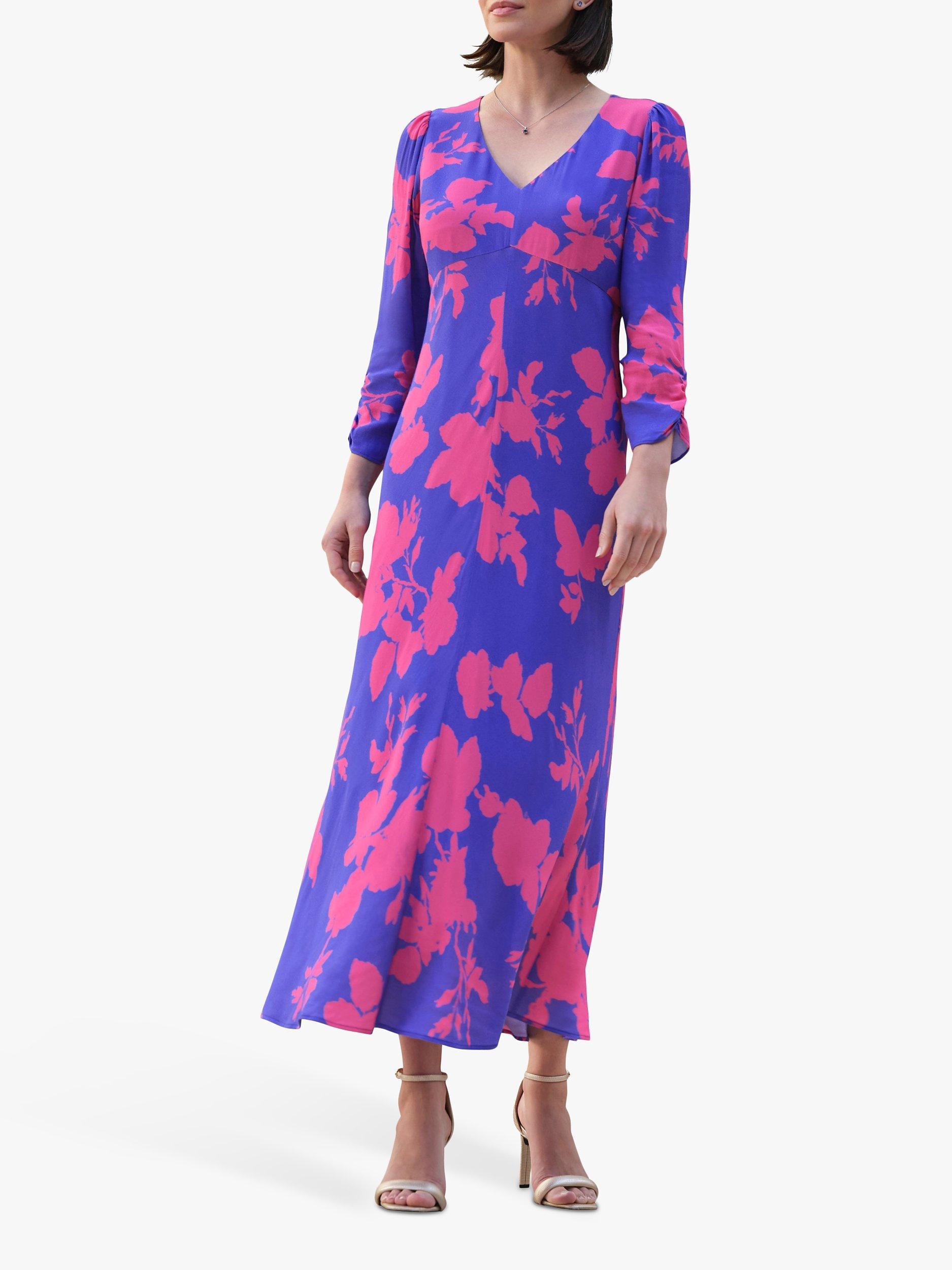 Product image 1 of 2, which shows Pure Collection  Shirred Sleeve V Neck Floral Midi Dress, Blue/Pink, 8