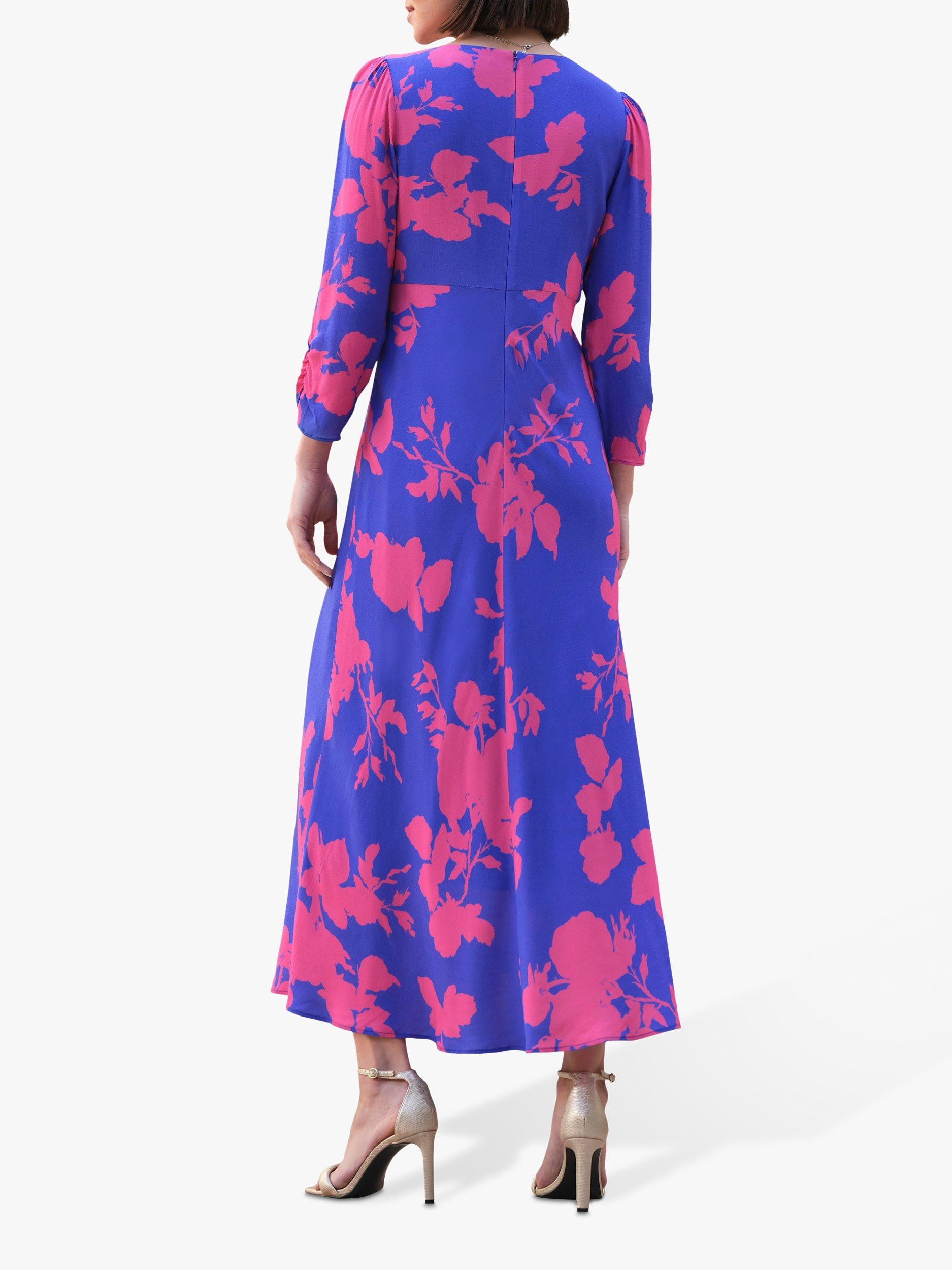 Product image 2 of 2, which shows Pure Collection  Shirred Sleeve V Neck Floral Midi Dress, Blue/Pink, 8