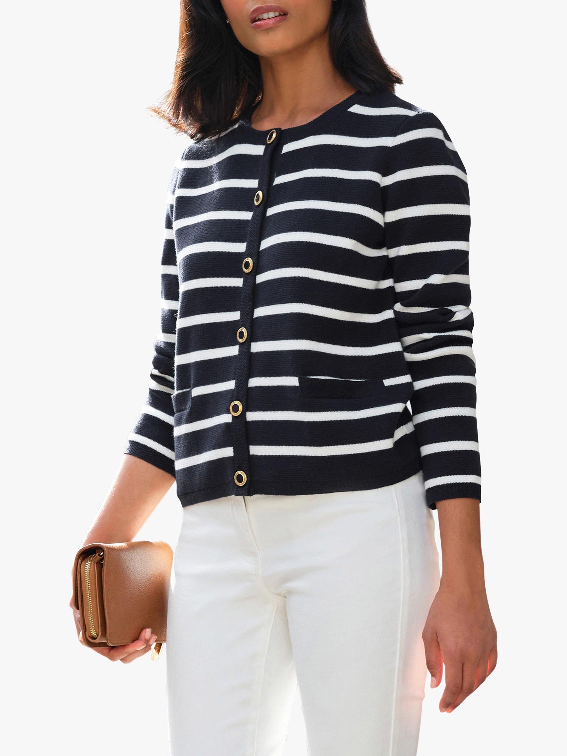 Product image 1 of 3, which shows Pure Collection Nautical Stripe Knitted Cardigan, Navy/Ivory Stripe, 20