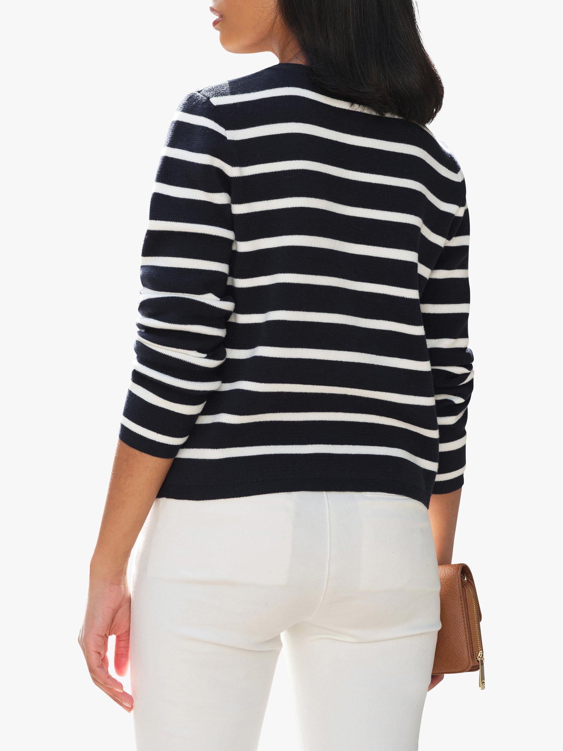 Product image 2 of 3, which shows Pure Collection Nautical Stripe Knitted Cardigan, Navy/Ivory Stripe, 20