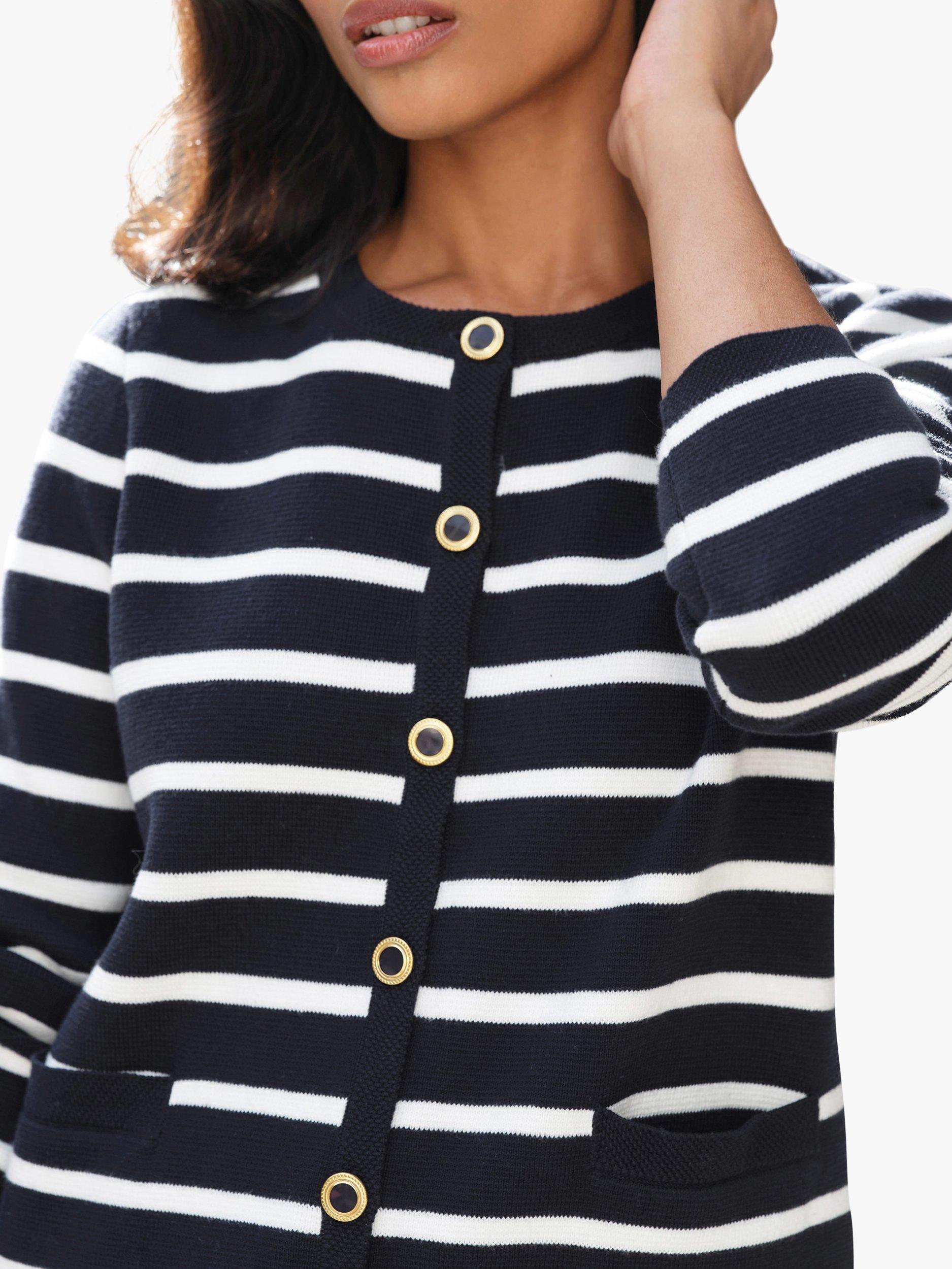 Product image 3 of 3, which shows Pure Collection Nautical Stripe Knitted Cardigan, Navy/Ivory Stripe, 20