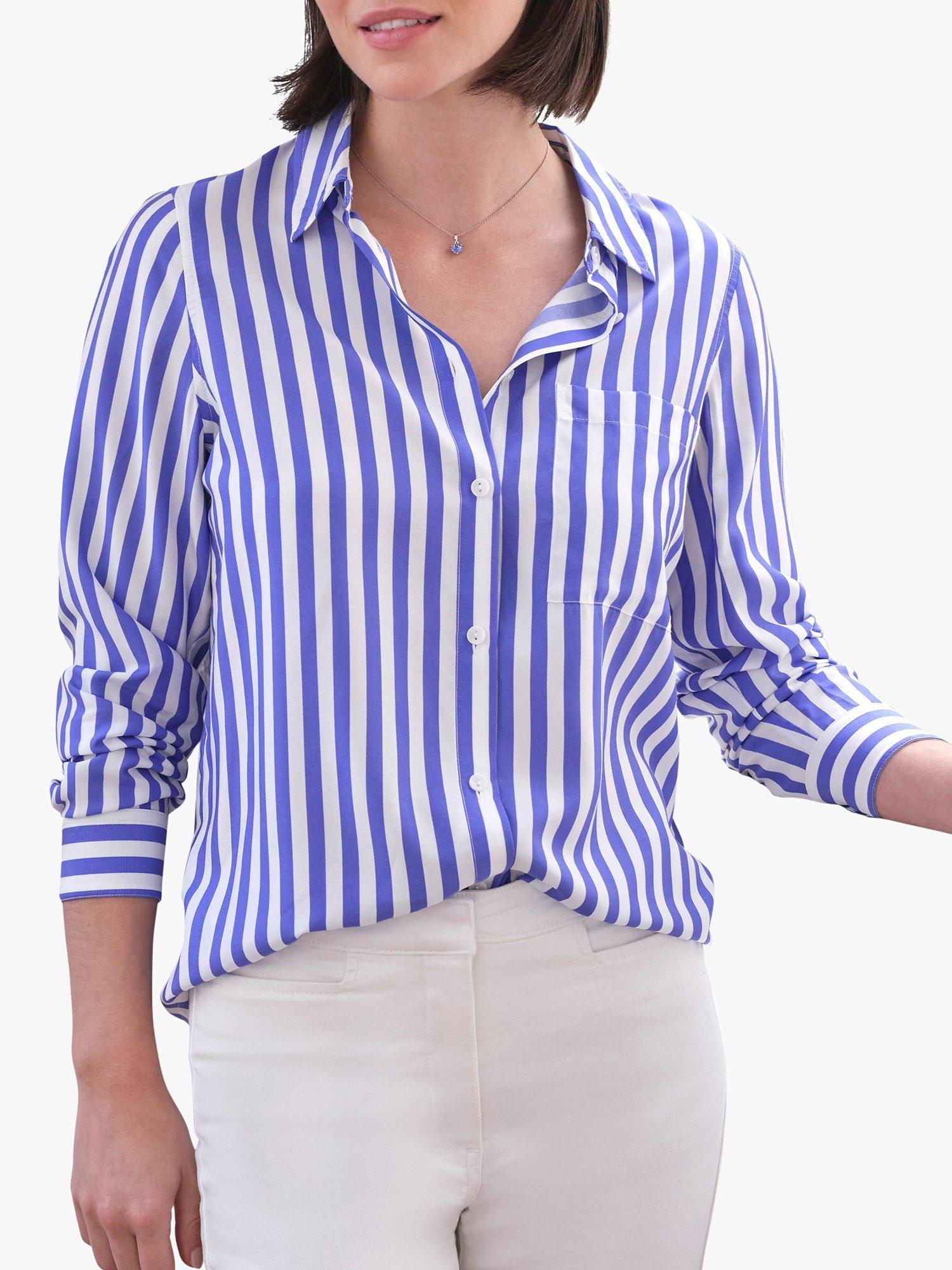 Product image 1 of 3, which shows Pure Collection Silk Blend Stripe Shirt, Blue, 14
