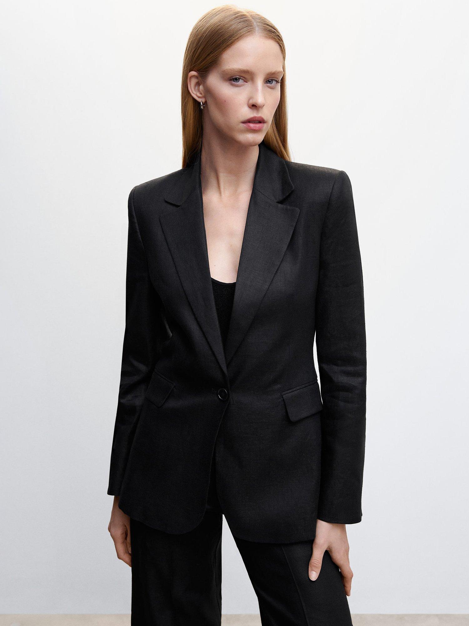 Mango Linen Blazer, Black