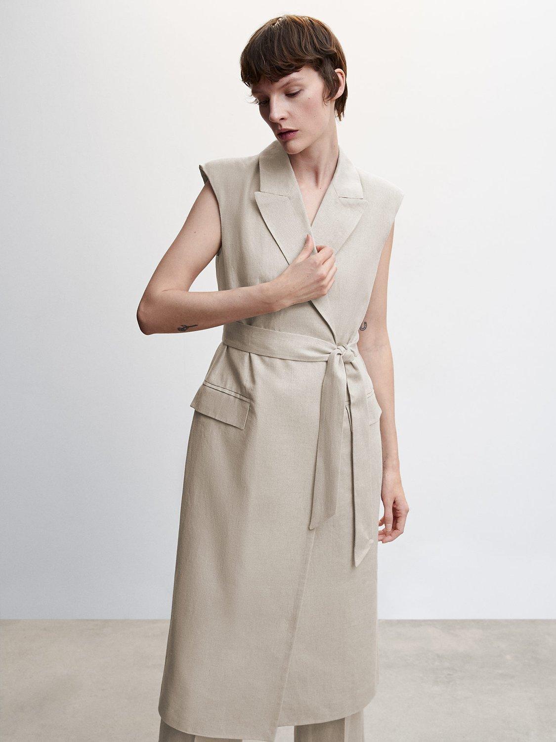 Mango Salmos Longline Belted Waistcoat, Light Beige