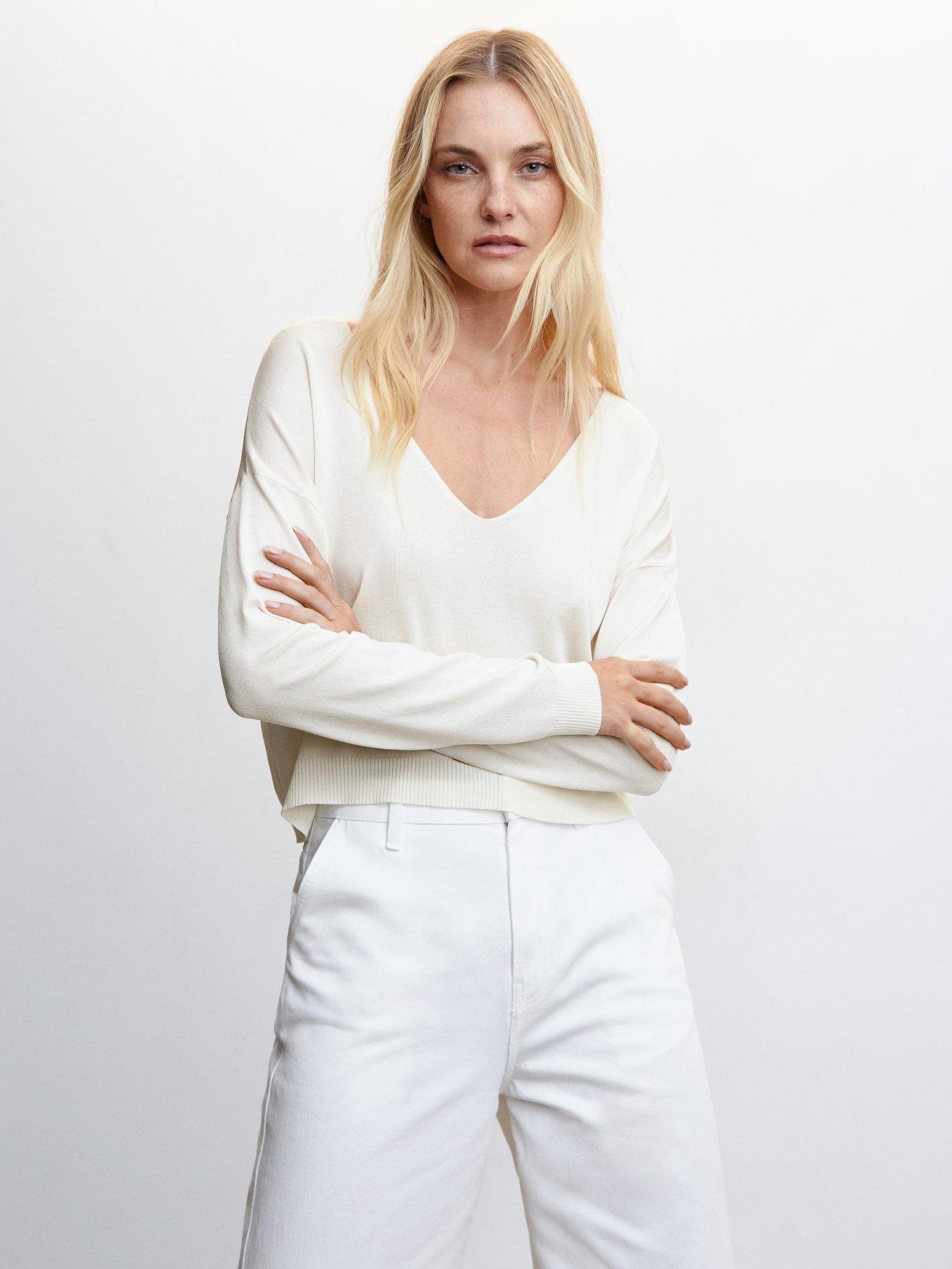 Mango Crayon V-Neck Jumper, White
