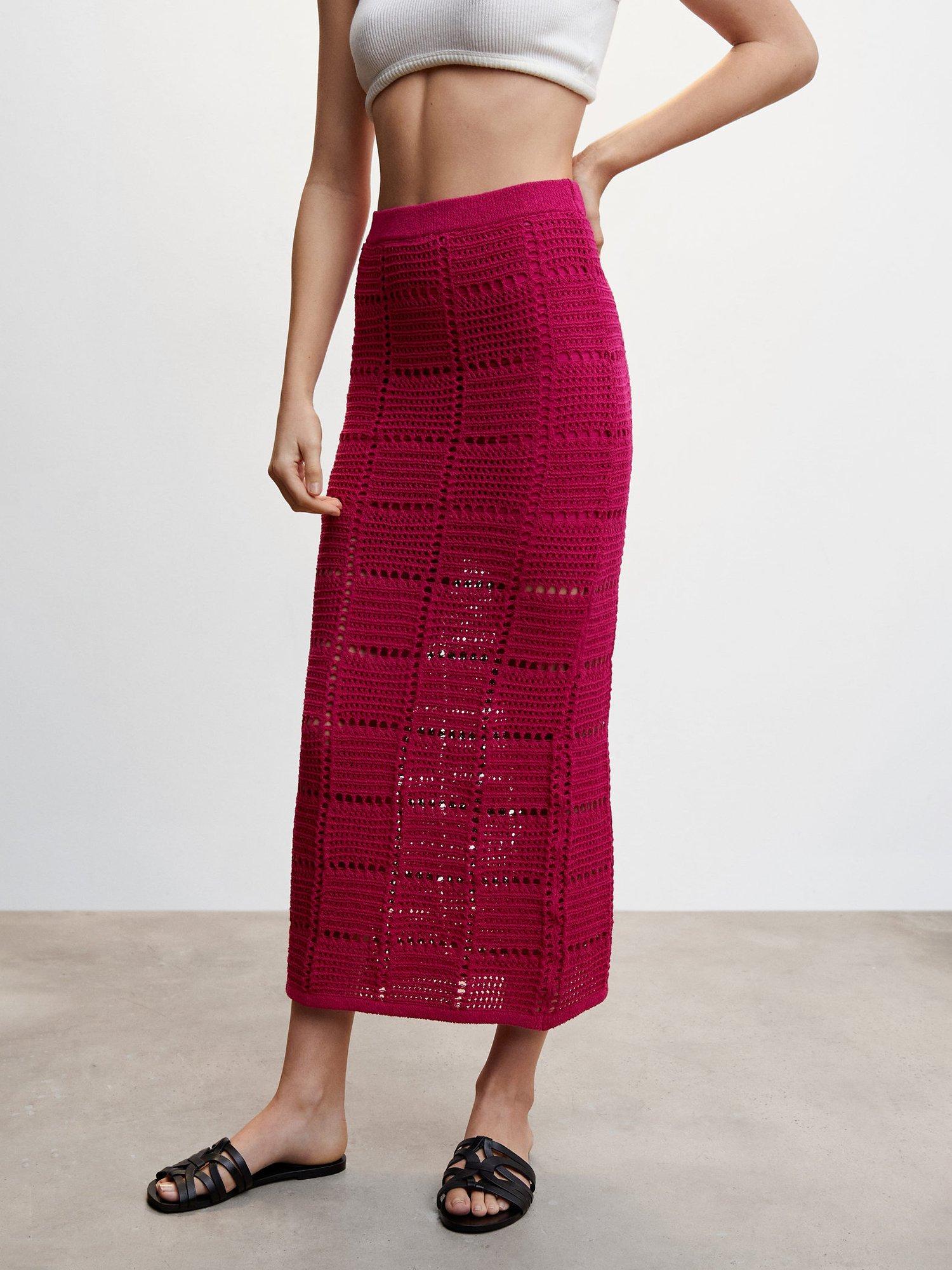 Mango Greta Crochet Midi Skirt, Bright Pink