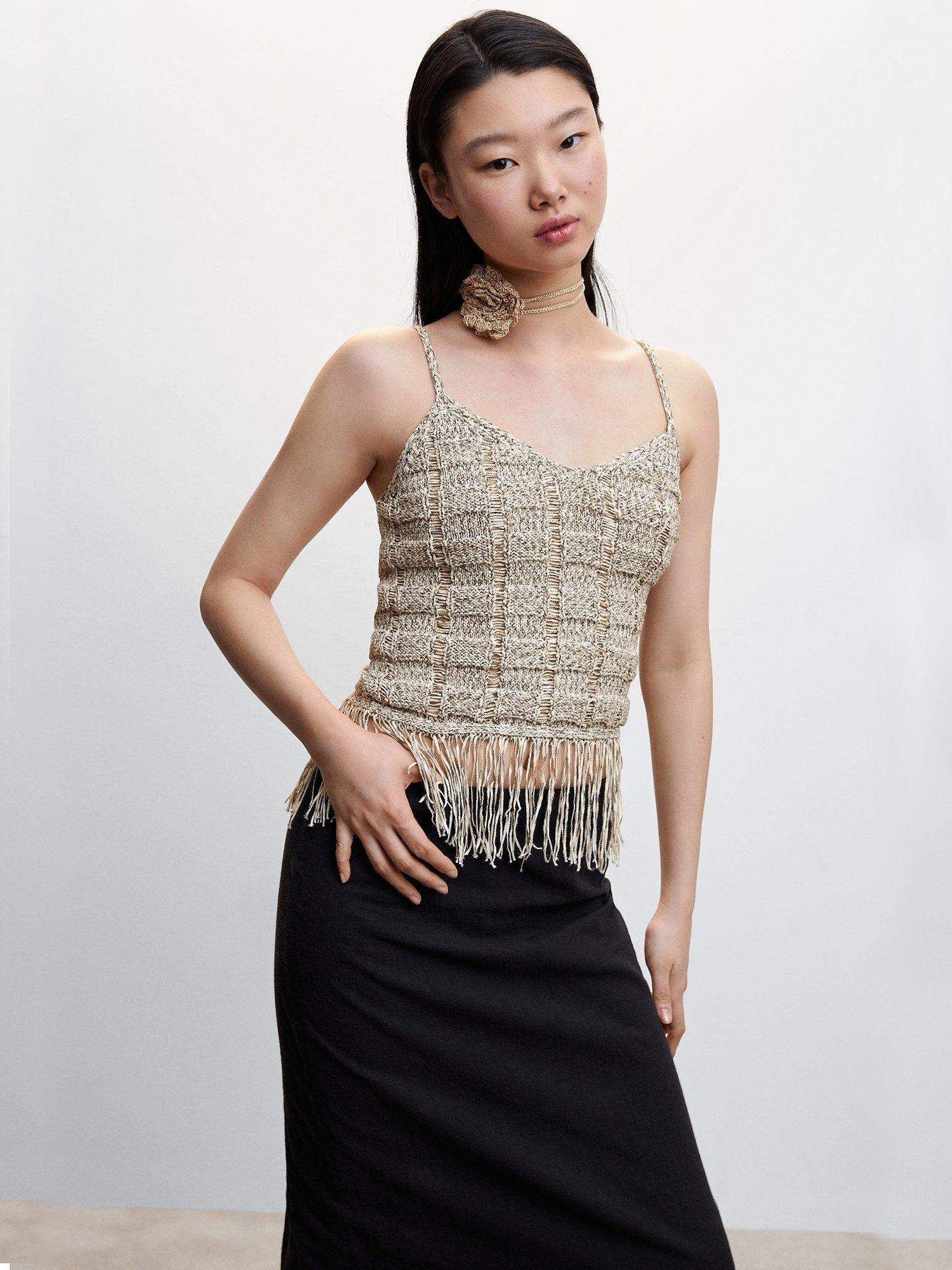 Mango Flavita Fringed Detailed Top, Light Pastel Grey