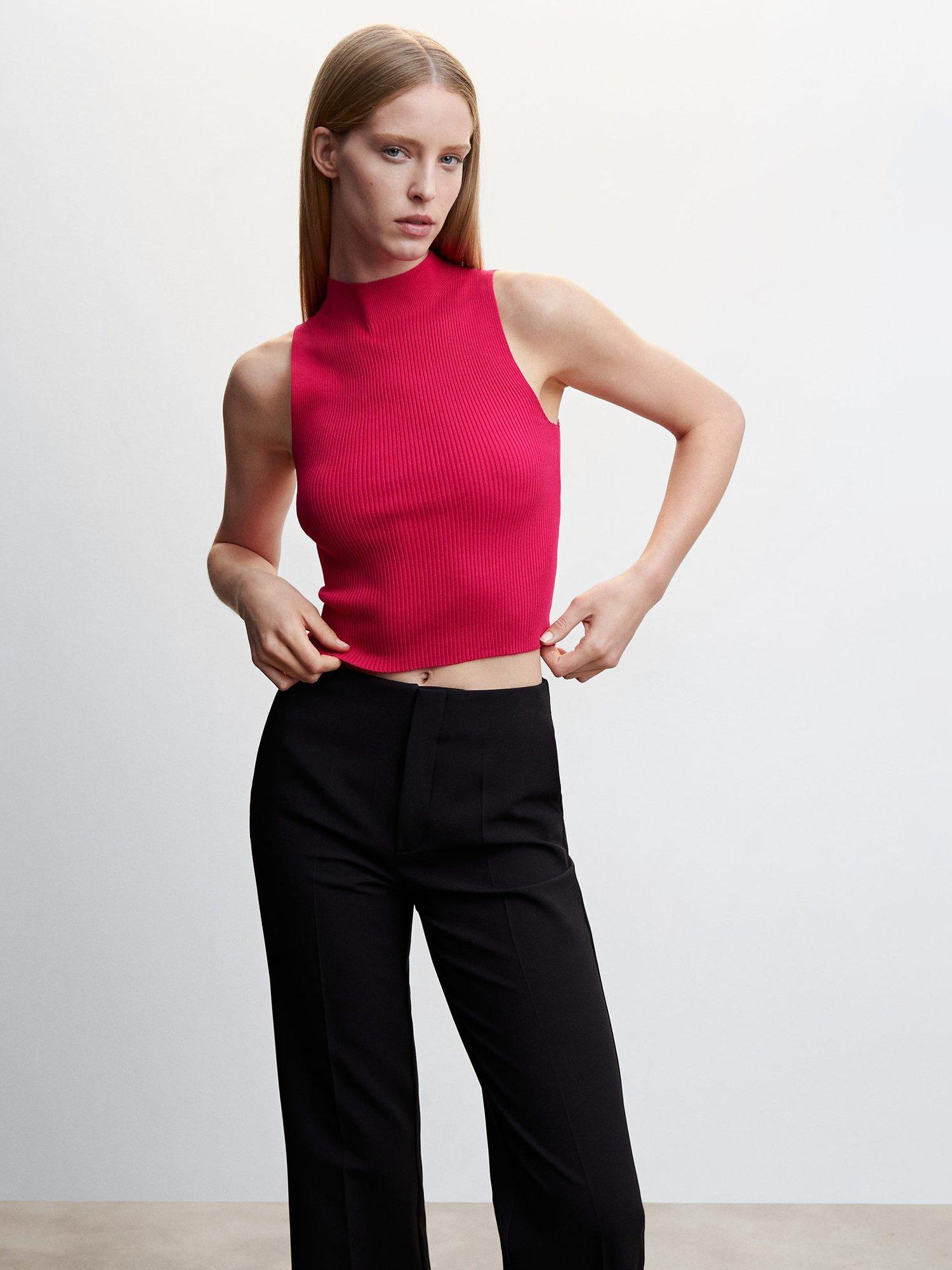 Mango Perez High Neck Sleeveless Ribbed Top, Bright Pink