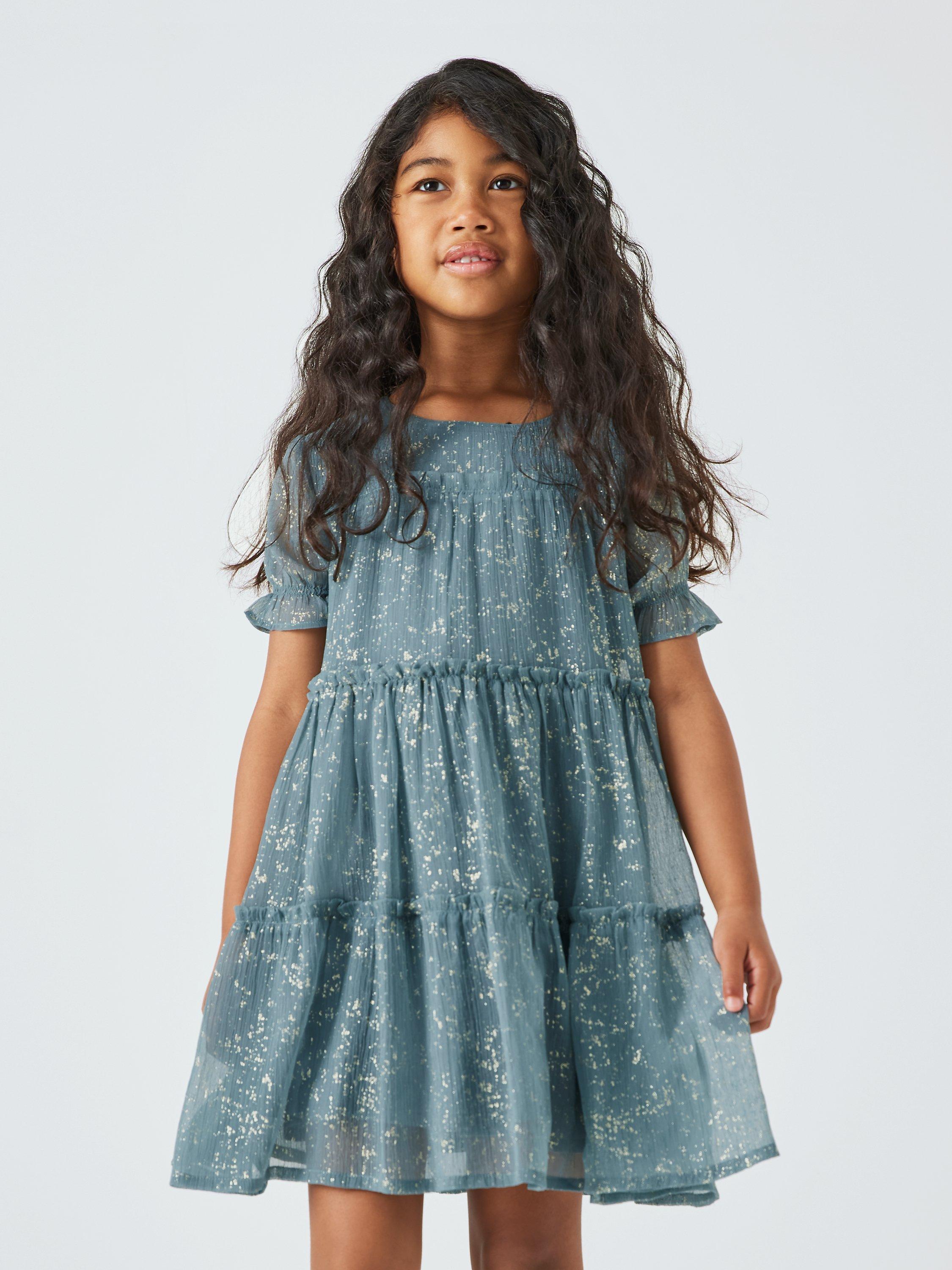 John Lewis Kids' Foil Shimmer Tiered Dress, Teal Blue