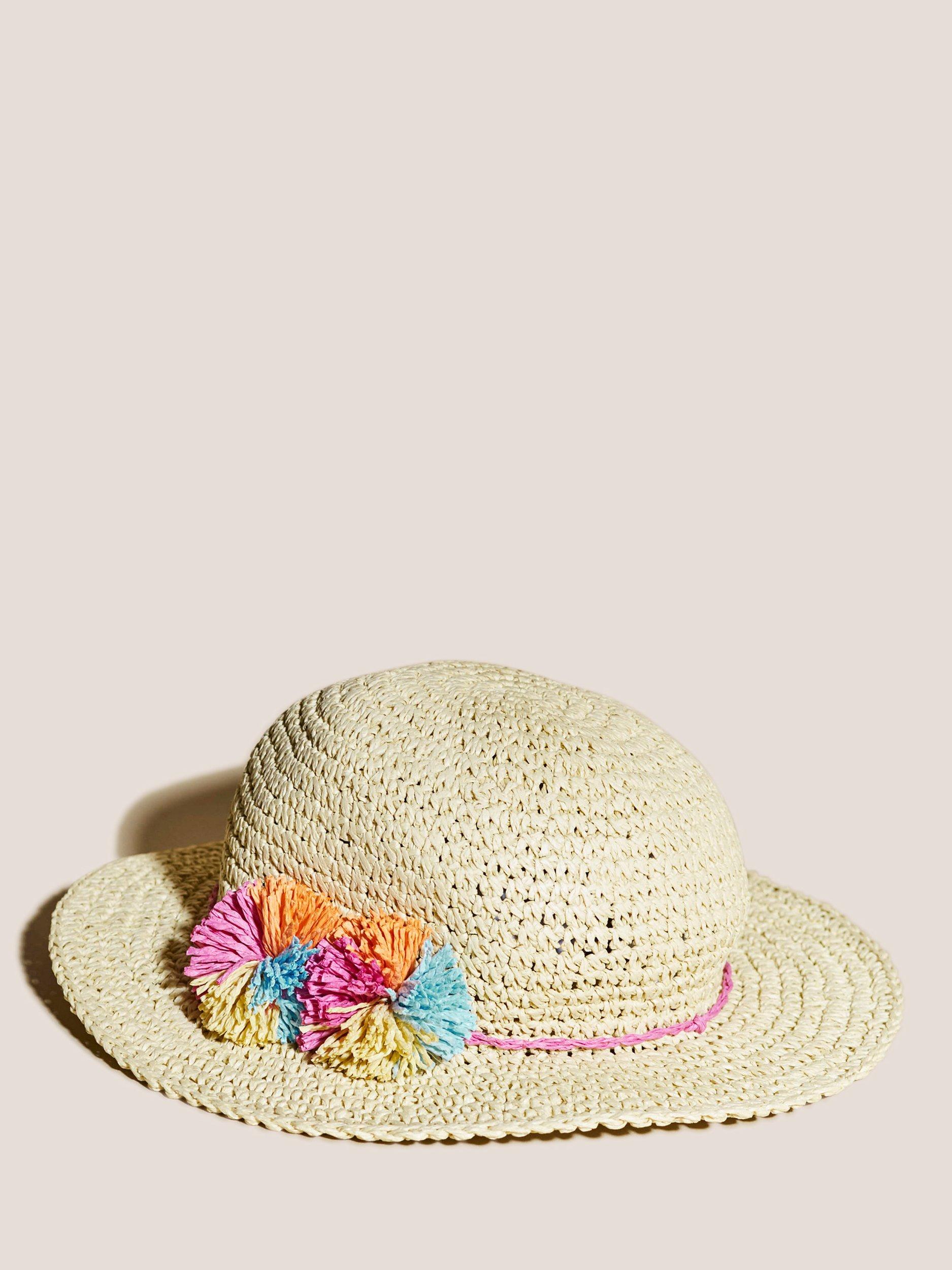 White Stuff Kids' Pom Pom Detail Sun Hat, Natural/Multi