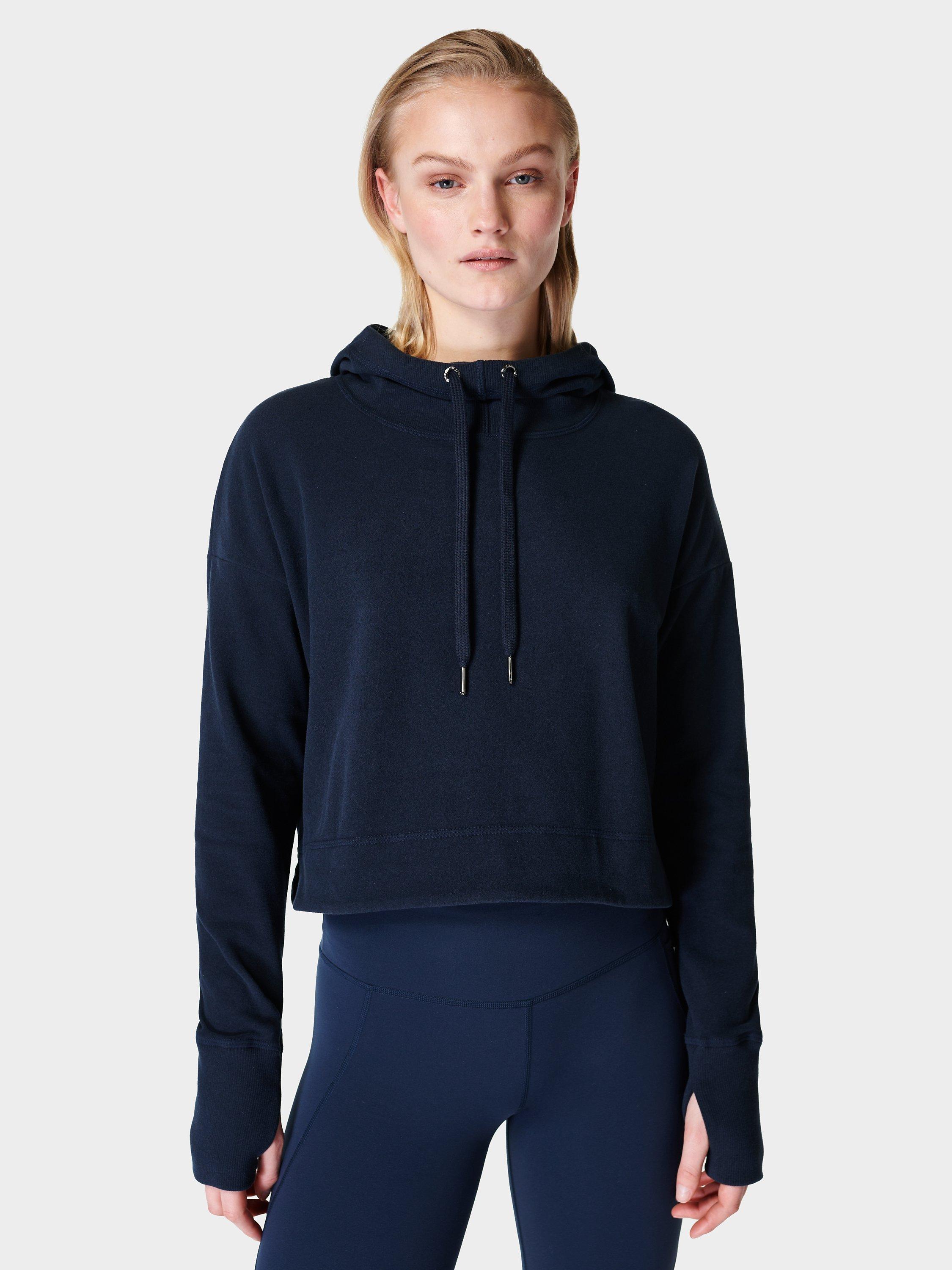 Sweaty Betty Escaped Luxe Fleece Cropped Hoody, Navy Blue