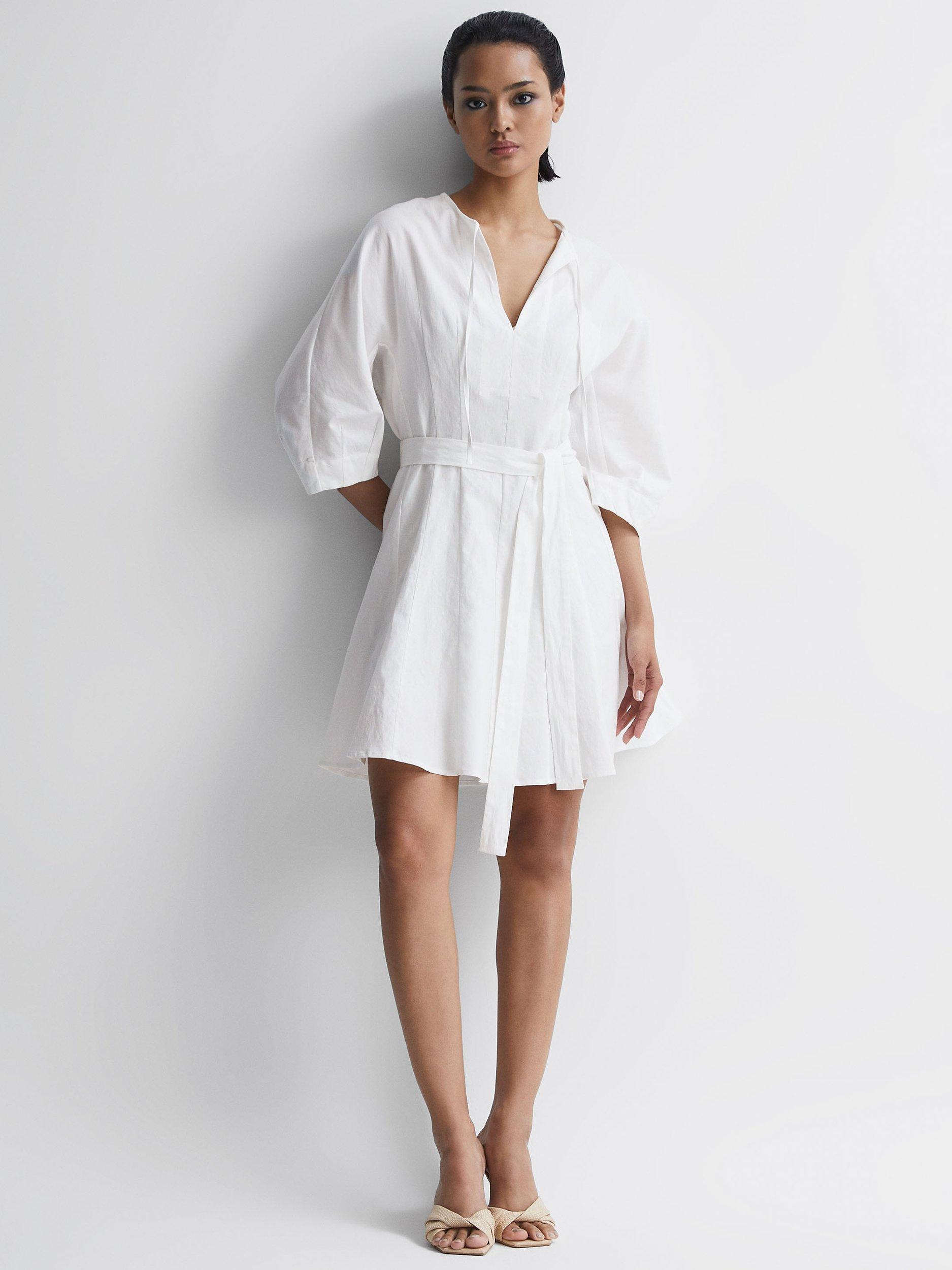 Reiss Freida Linen Blend Mini Dress, Cream