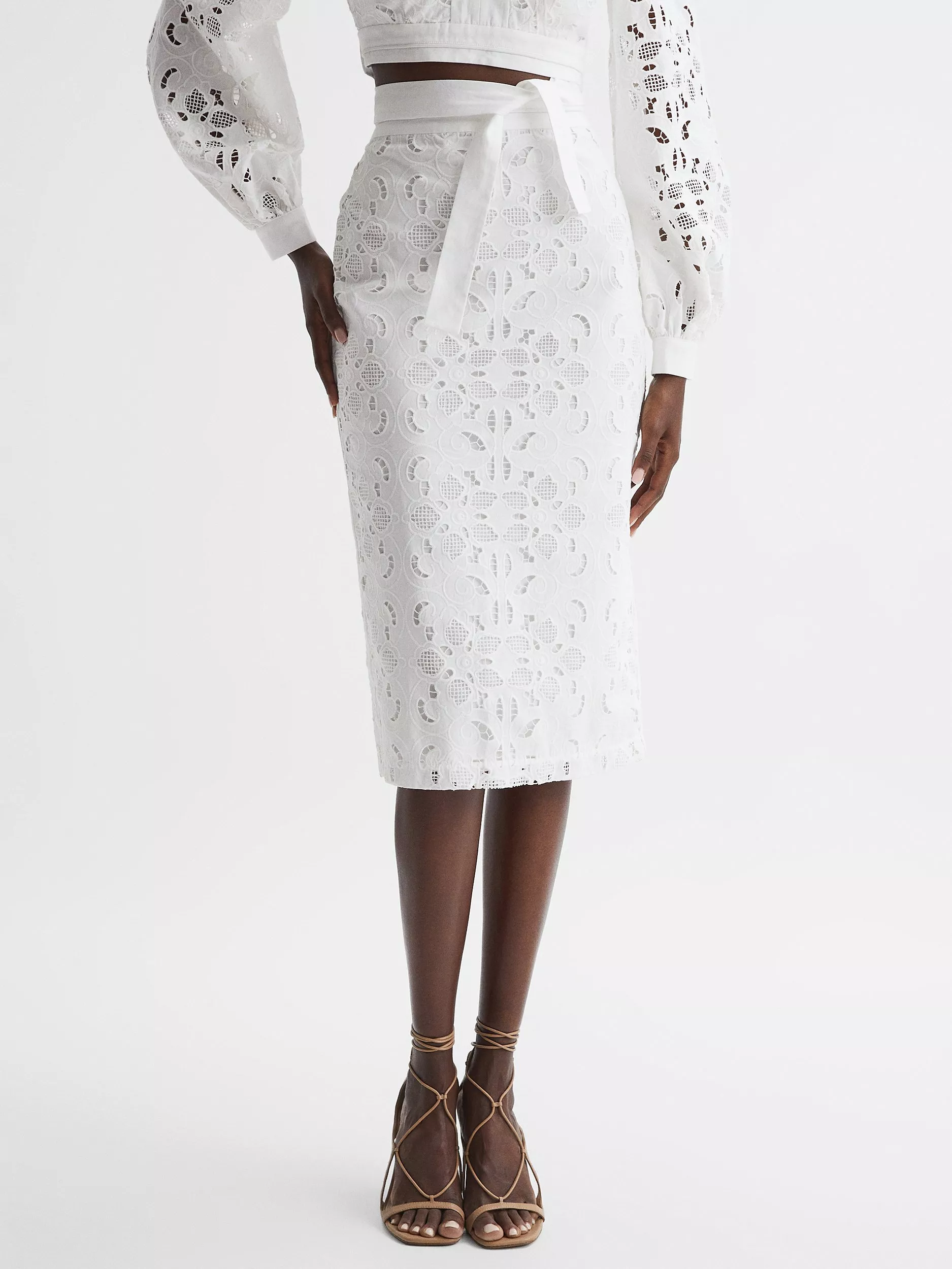 Reiss Immi Lace Pencil Skirt White
