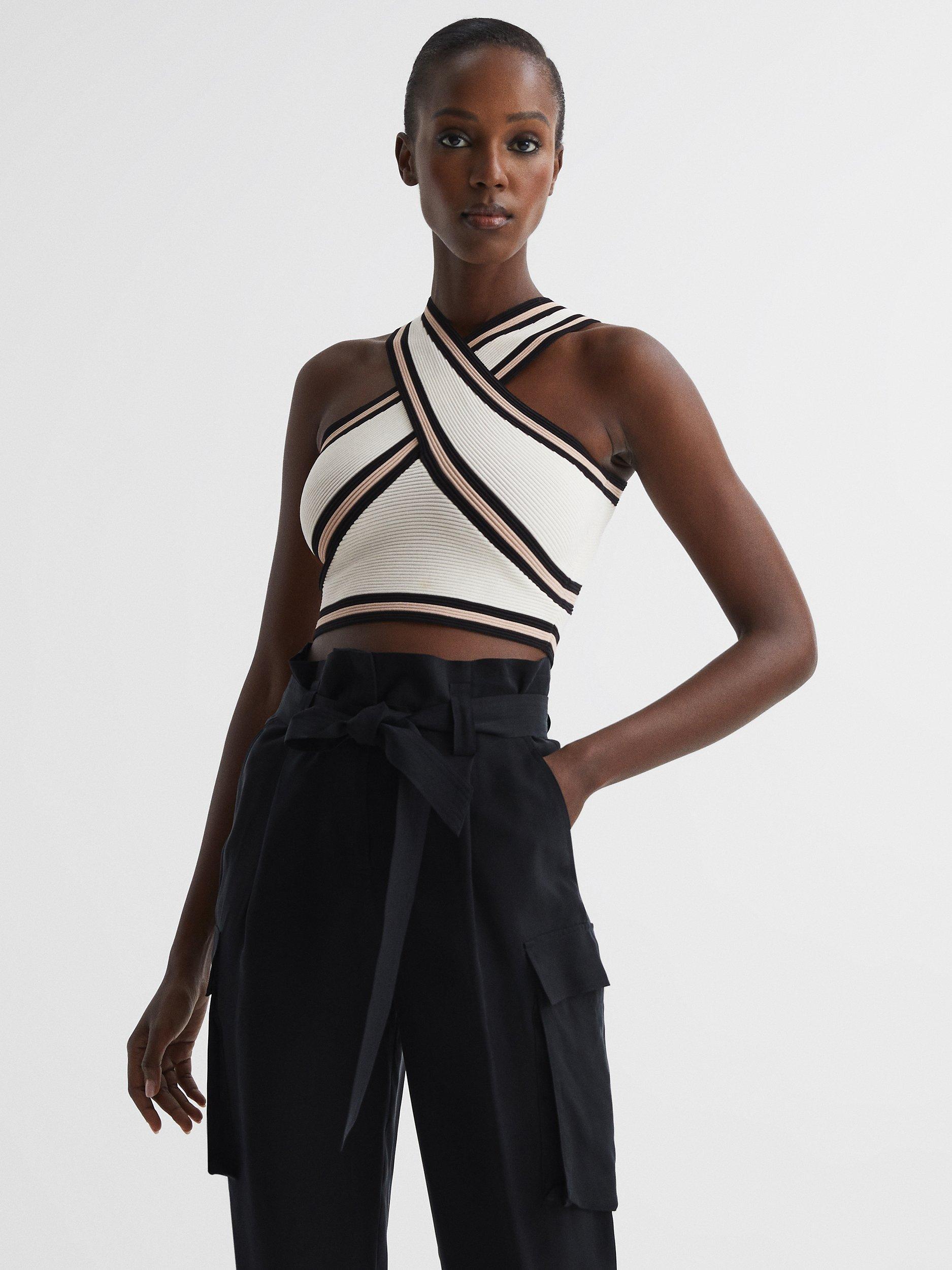 Reiss Darla Wrap Neck Crop Top, Ivory/Multi