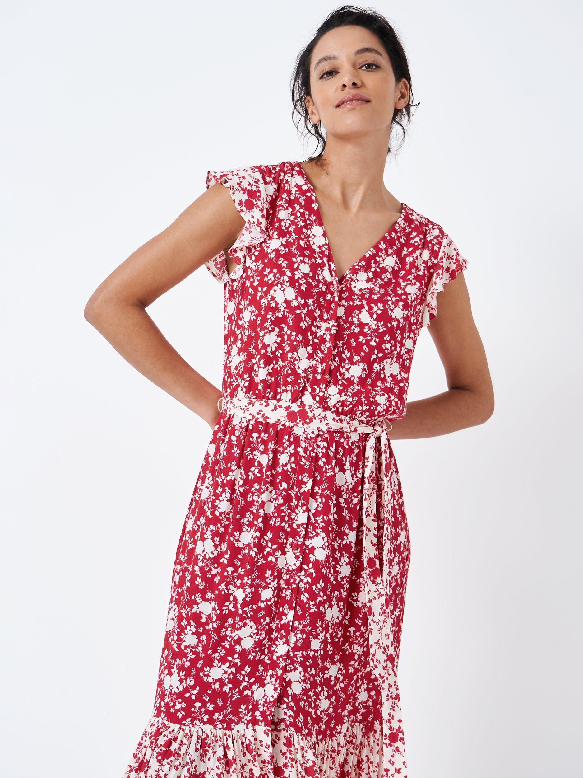 Crew Clothing Summer Frill Sleeve Dress, Red, 12