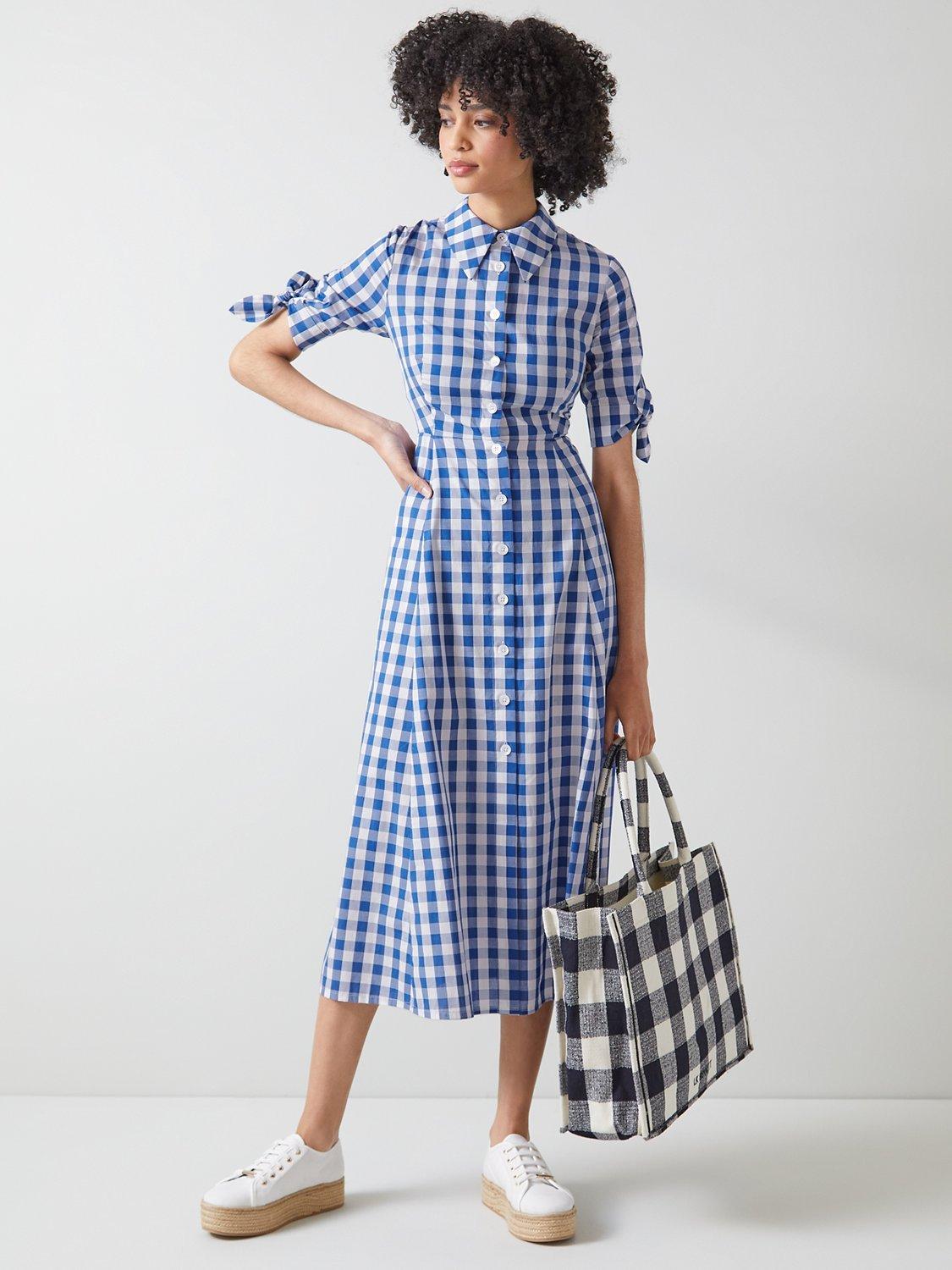 L.K.Bennett Saffron Gingham Midi Shirt Dress, Bright Blue/White