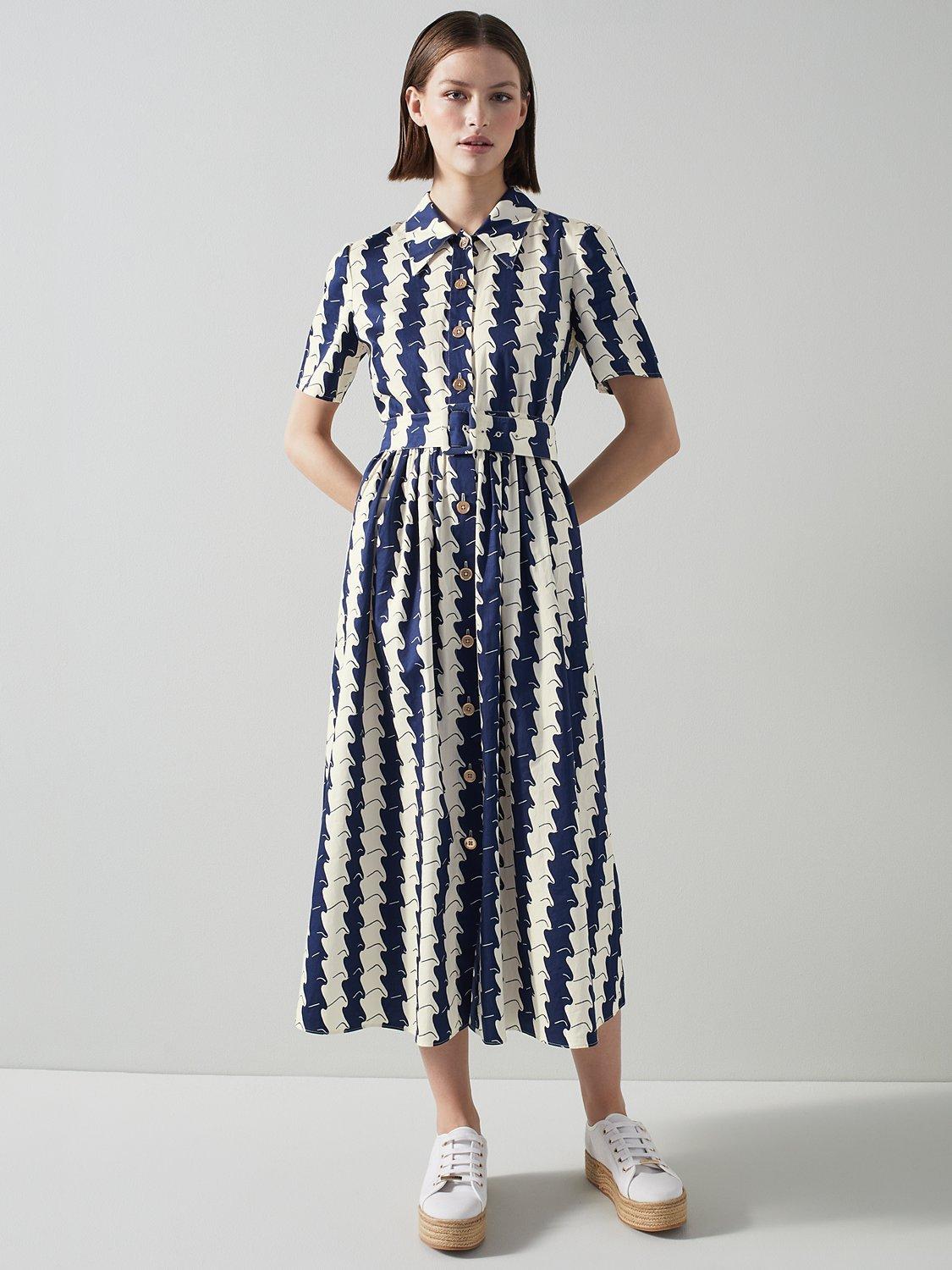 L.K.Bennett Calder Abstract Print Midi Shirt Dress, Navy/Cream