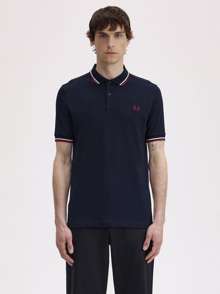 Fred Perry Short Sleeve Polo Shirt, Navy/White/Red, Navy/White/Red