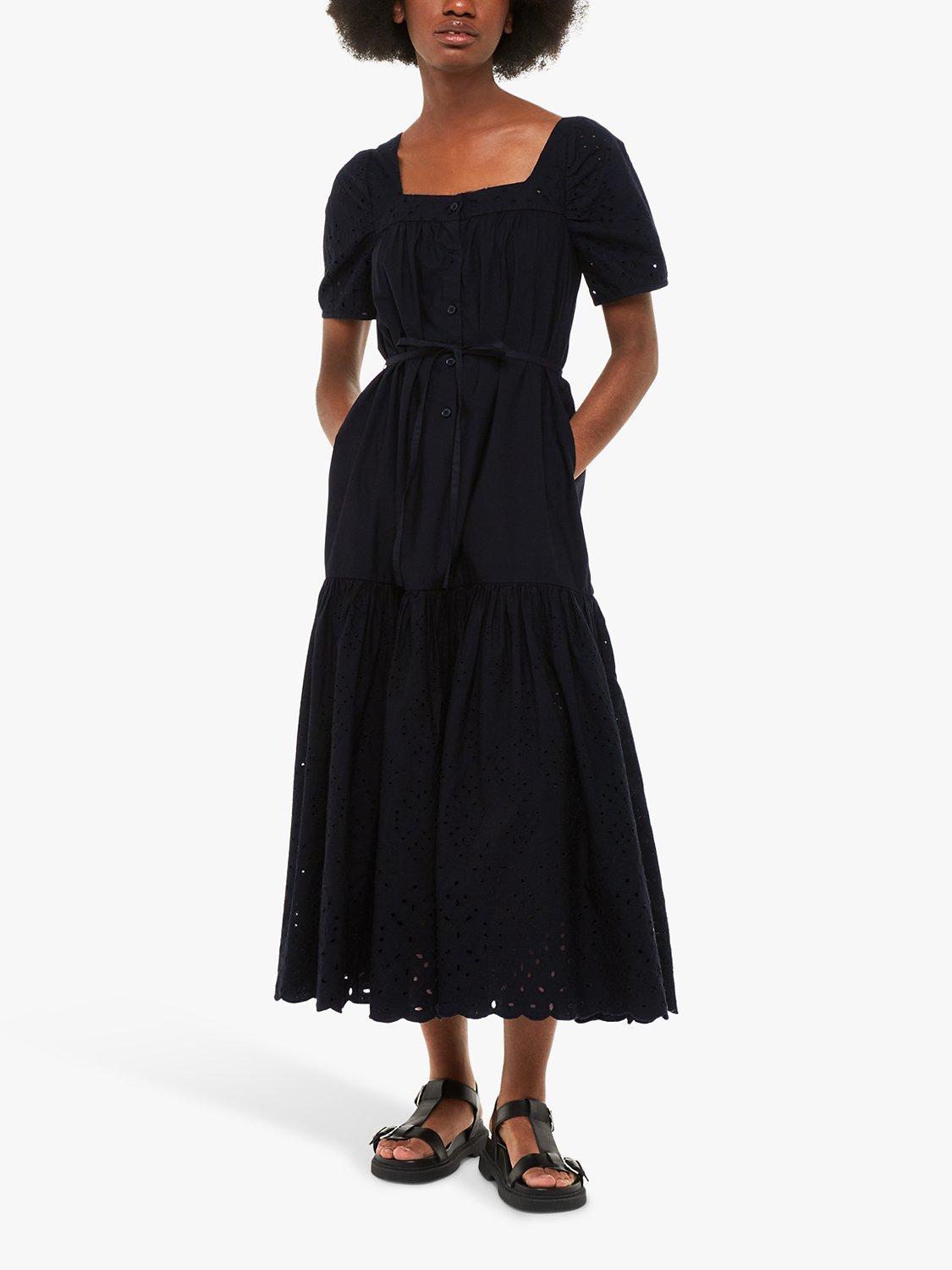 Product image 1 of 7, which shows Whistles Broderie Poplin Trapeze Dress, Black, 6