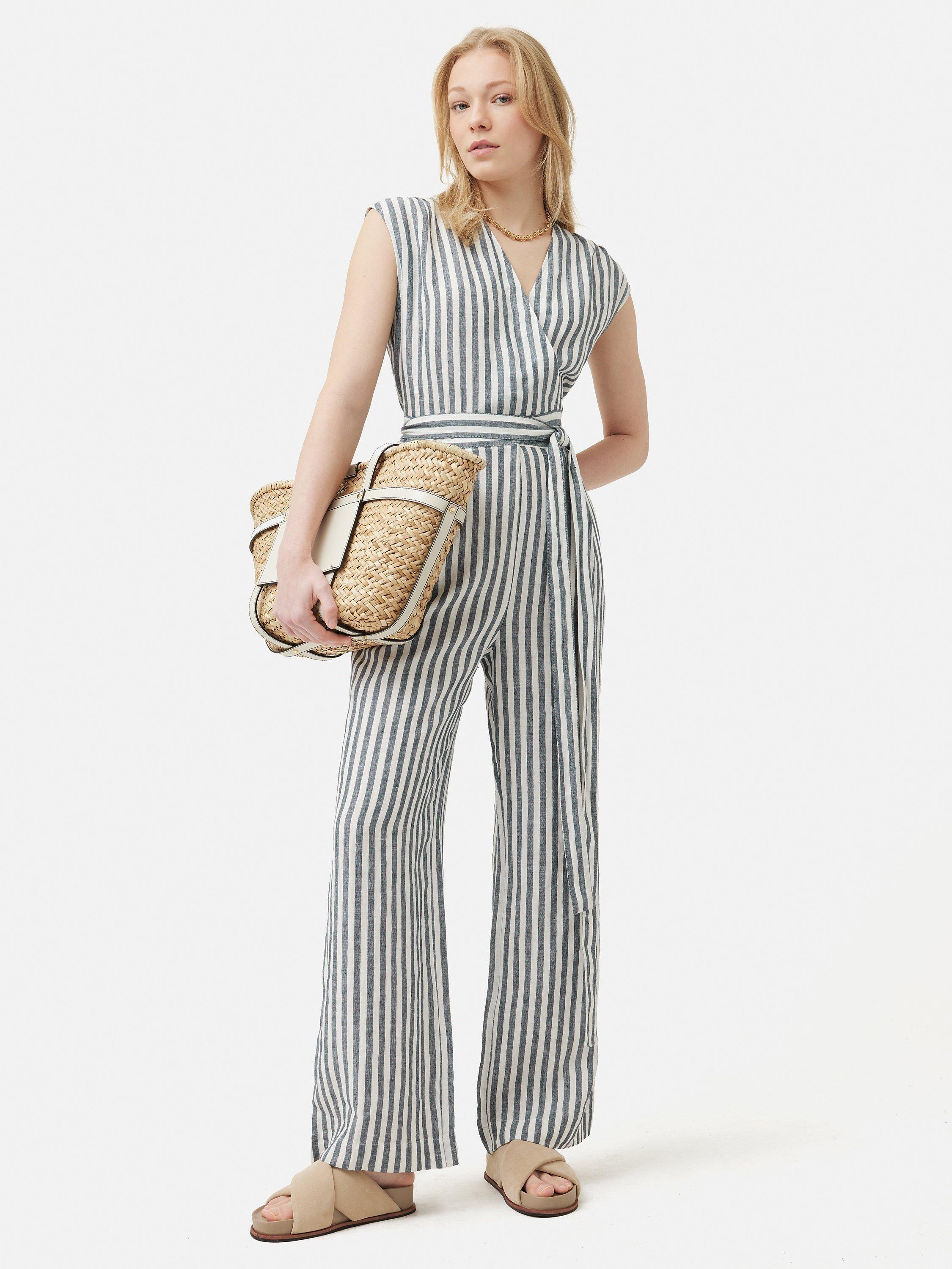 Jigsaw Linen Stripe Wrap Neck Jumpsuit, Blue/White