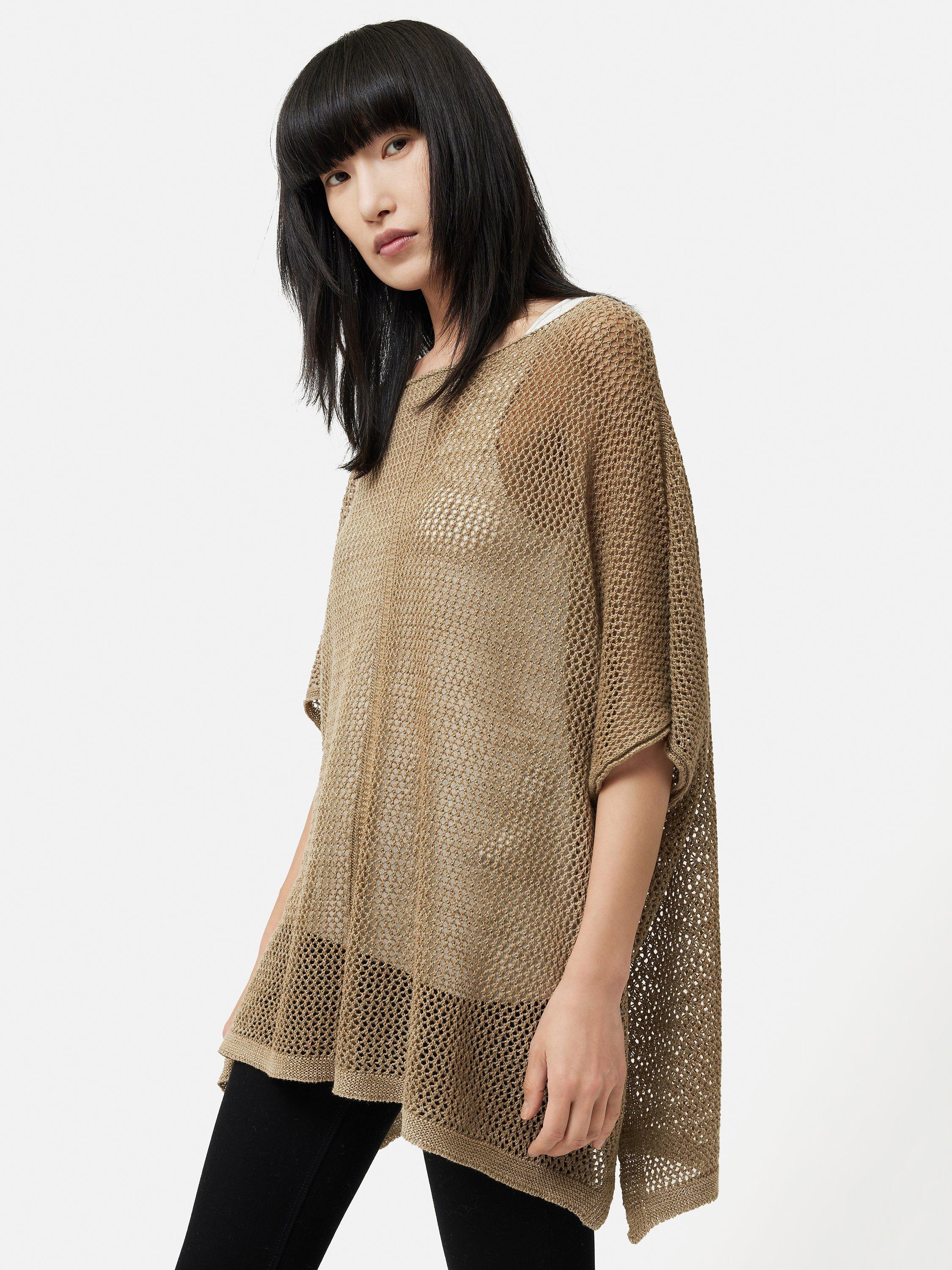 Jigsaw Plain Lace Knit Poncho, Beige, One Size