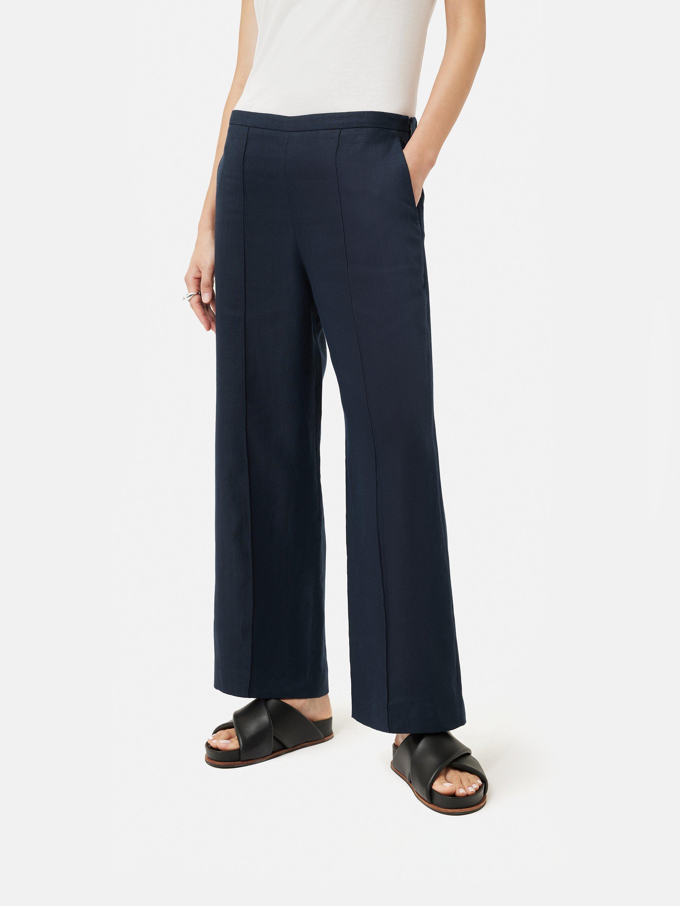 Jigsaw Herringbone Linen Palazzo Trousers, Navy