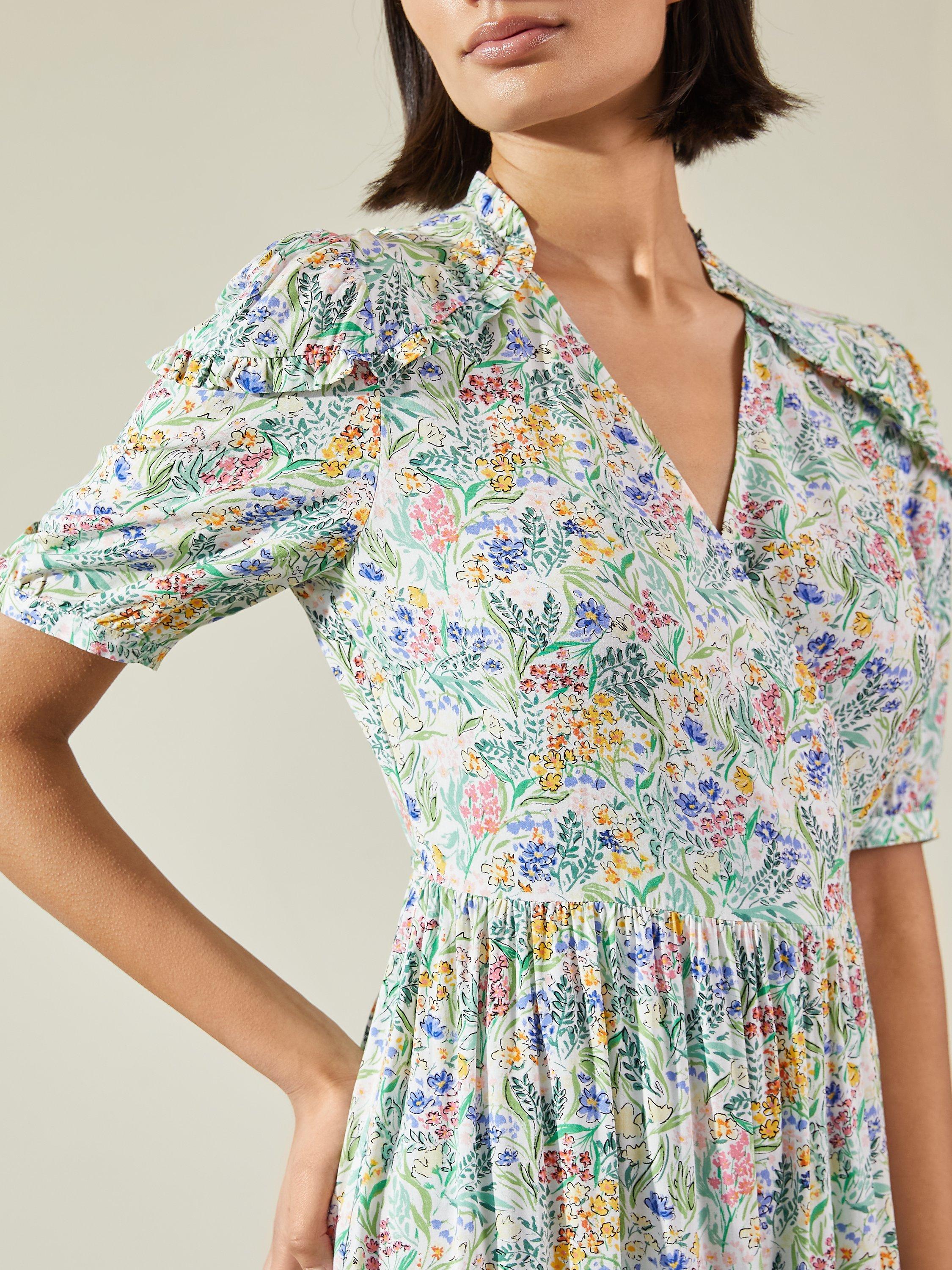 Product image 3 of 5, which shows Albaray Painted Meadow Wrap Midi Dress, Multi, 12