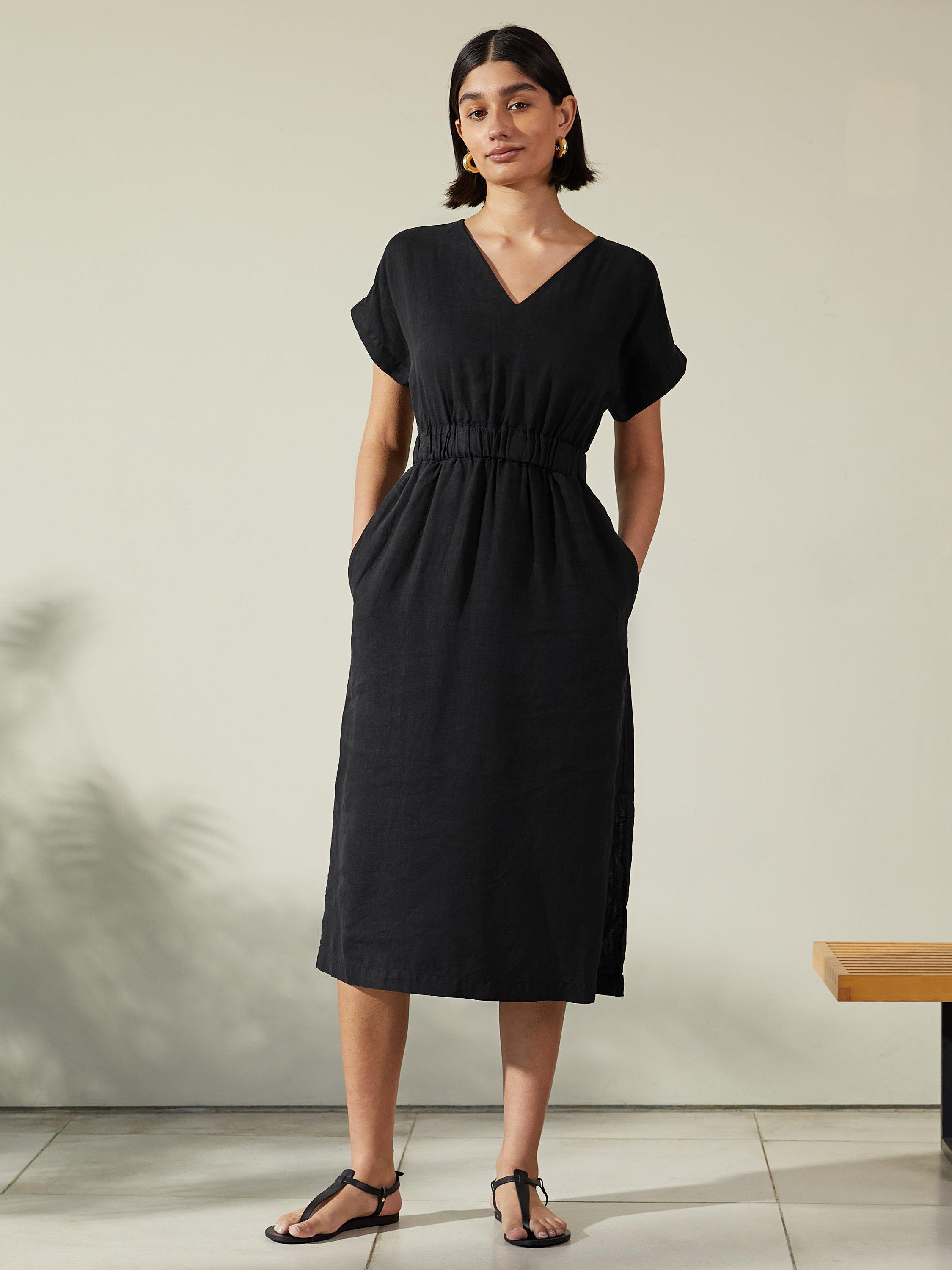 Albaray Plain V-Neck Linen Dress, Black