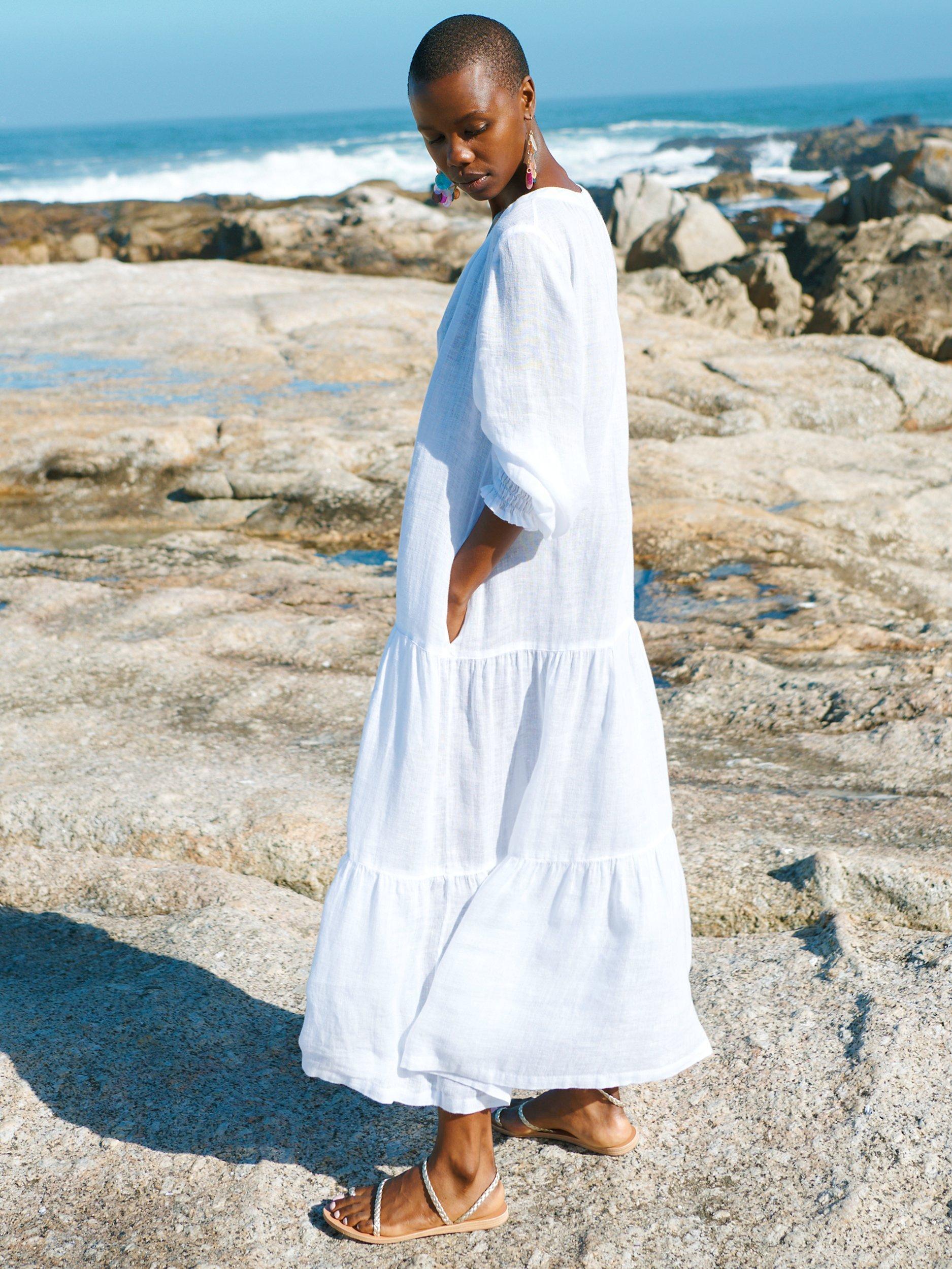 NRBY Brooke Gauze Tiered Linen Maxi Dress White