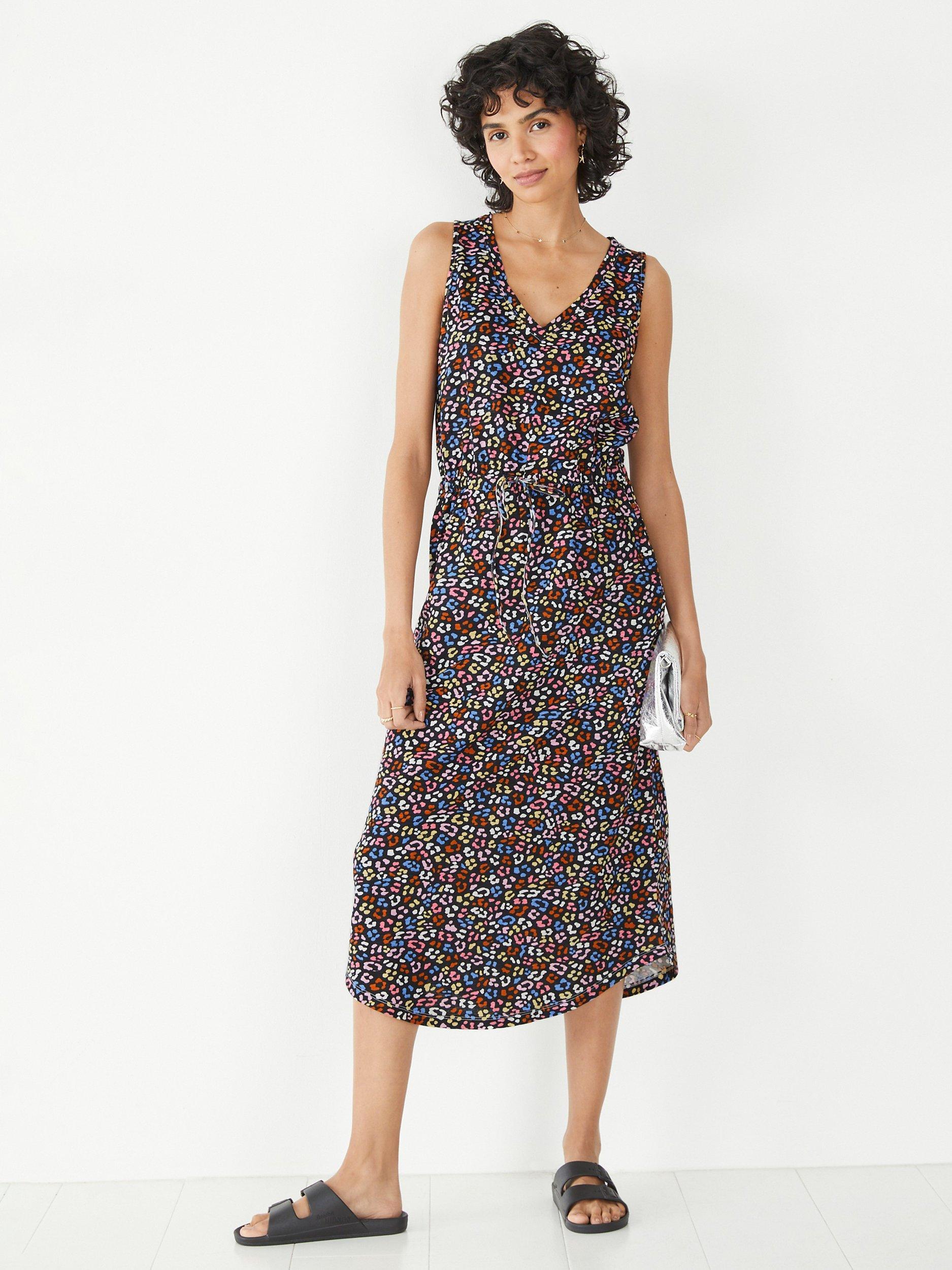 HUSH V-Neck Midi Floral Jersey Dress, Black/Multi