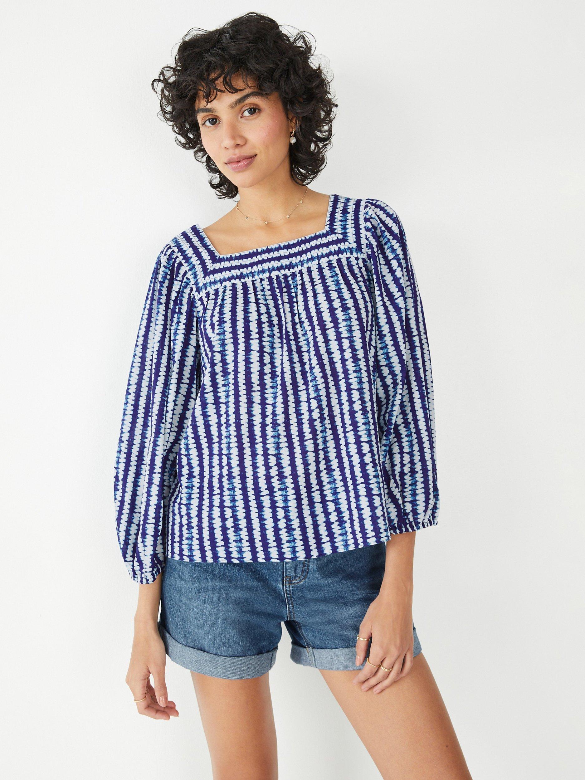 HUSH Keyleigh Square Neck Blouse, Shibori Stripe Navy