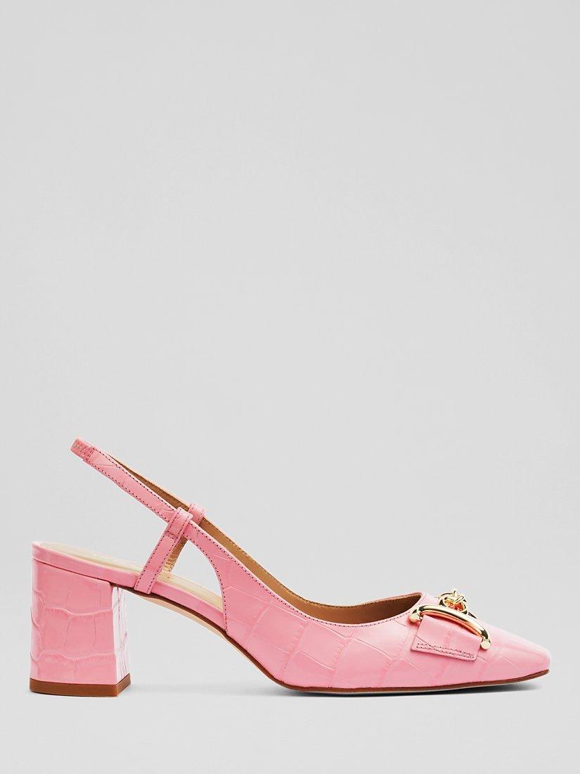 L.K.Bennett Kaylee Leather Snaffle Slingback Court Shoes, Pink Croc Effect