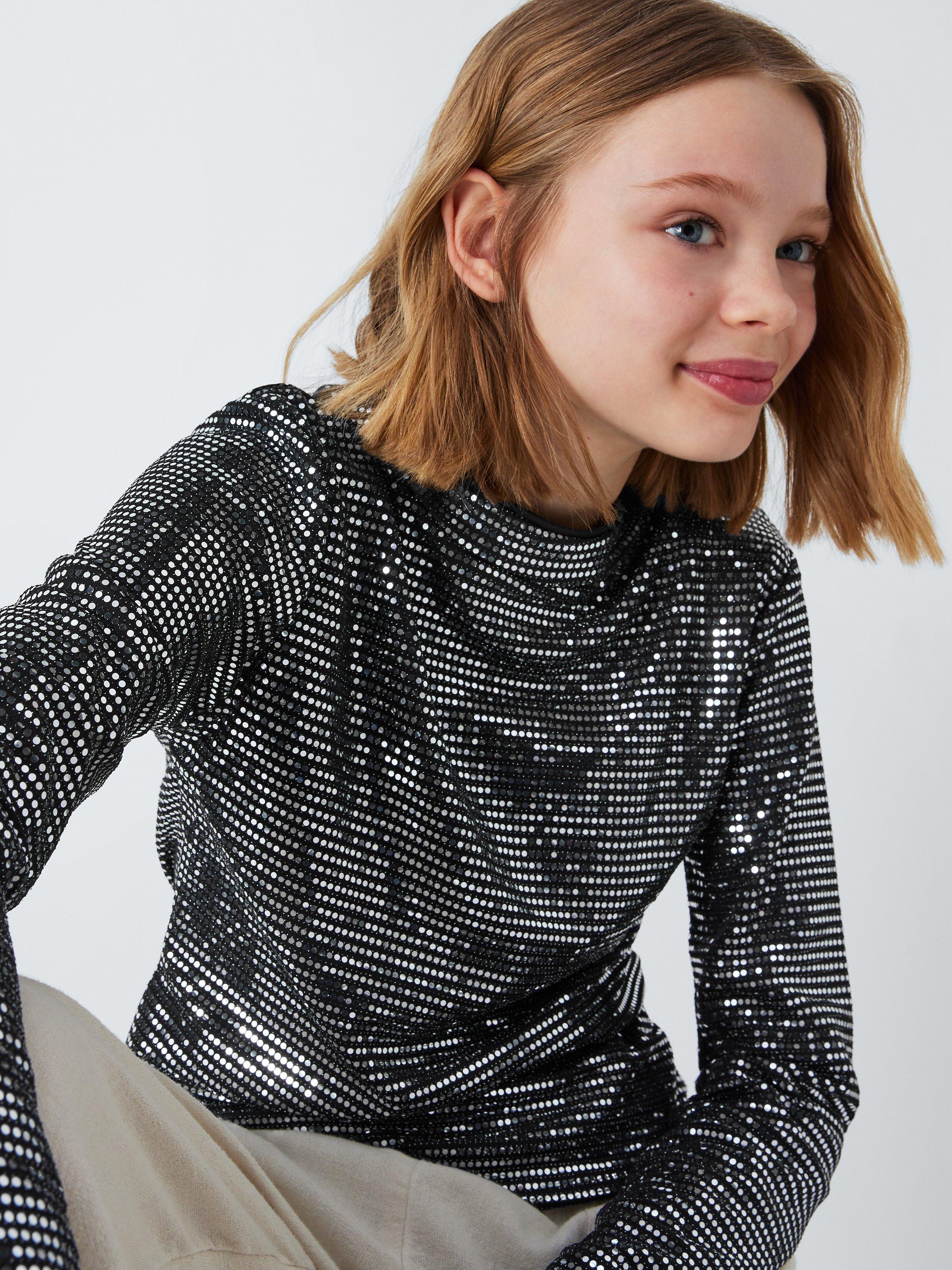 John Lewis Kids' Disco Sequin Top, Black/Silver