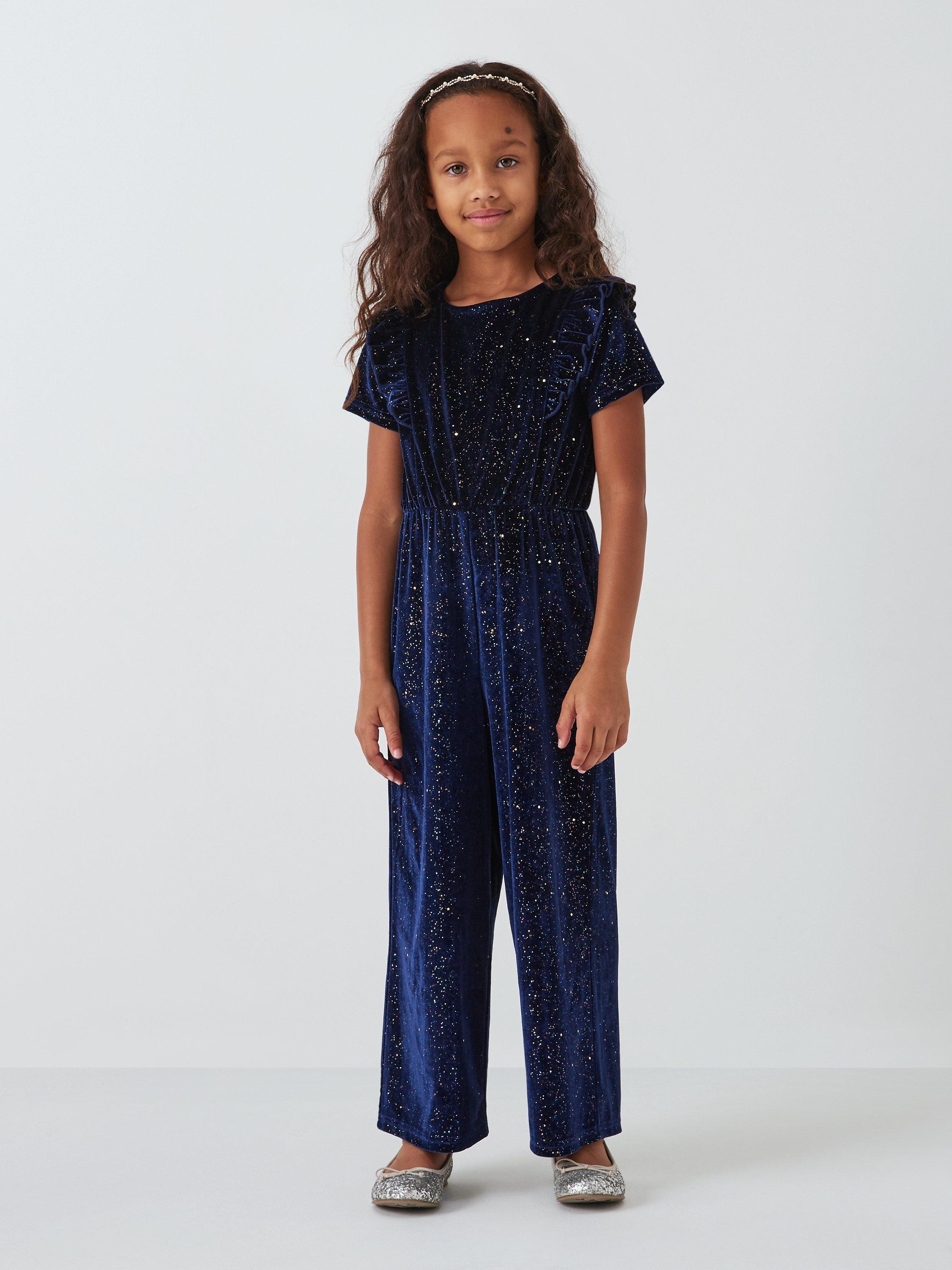 John Lewis Kids' Velour Glitter Jumpsuit, Navy/Multi