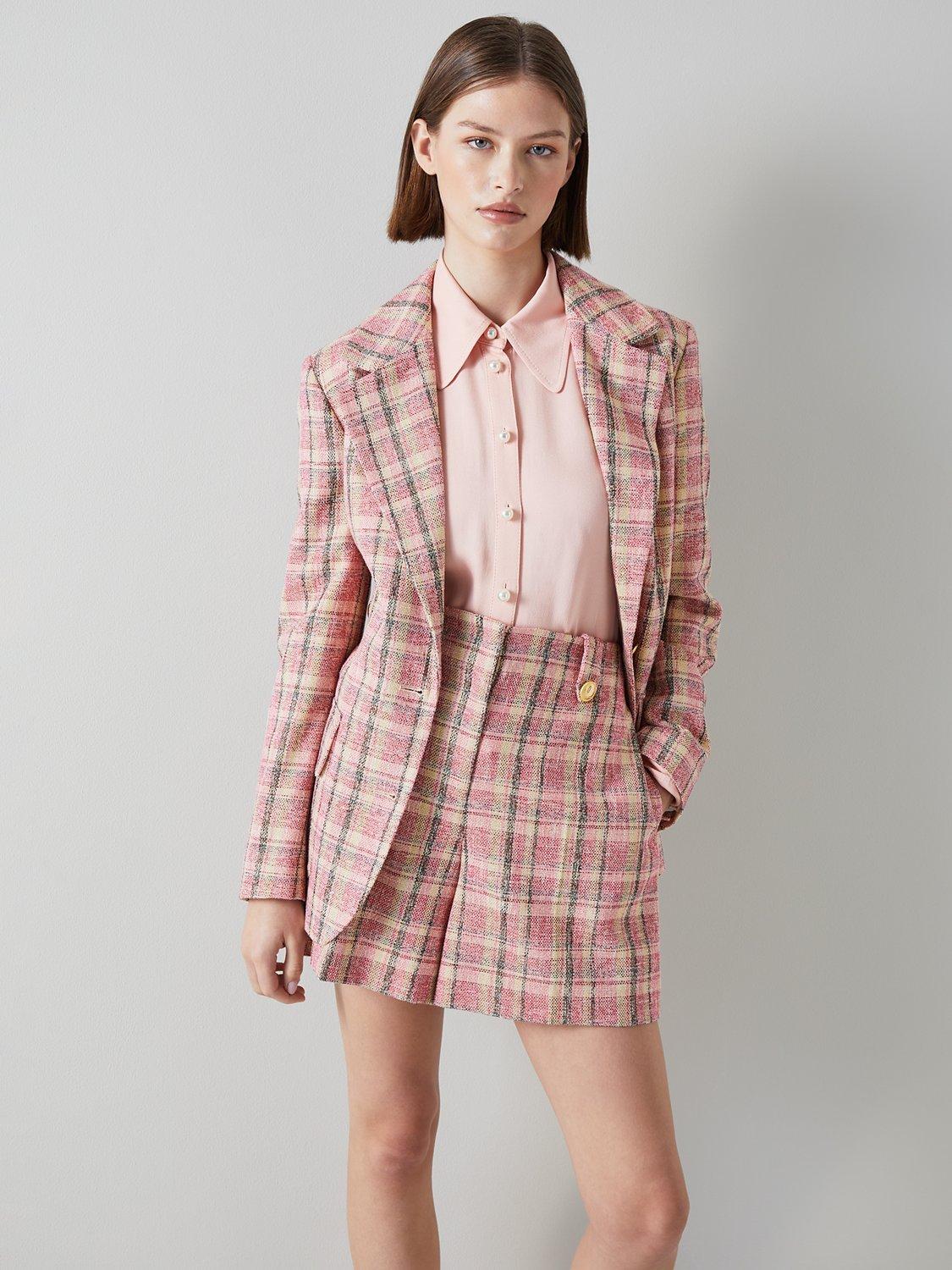 L.K.Bennett Eliza Cotton-Raffia Blend Check Tweed Jacket, Pink