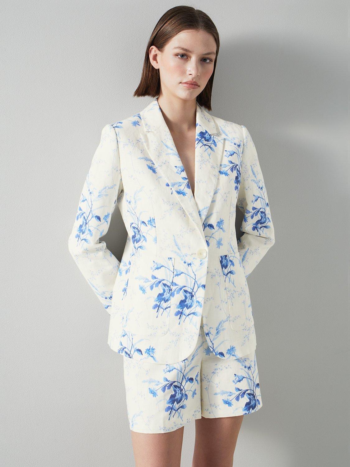 L.K.Bennett Fleur Linen Blend Blazer, Blue/Cream
