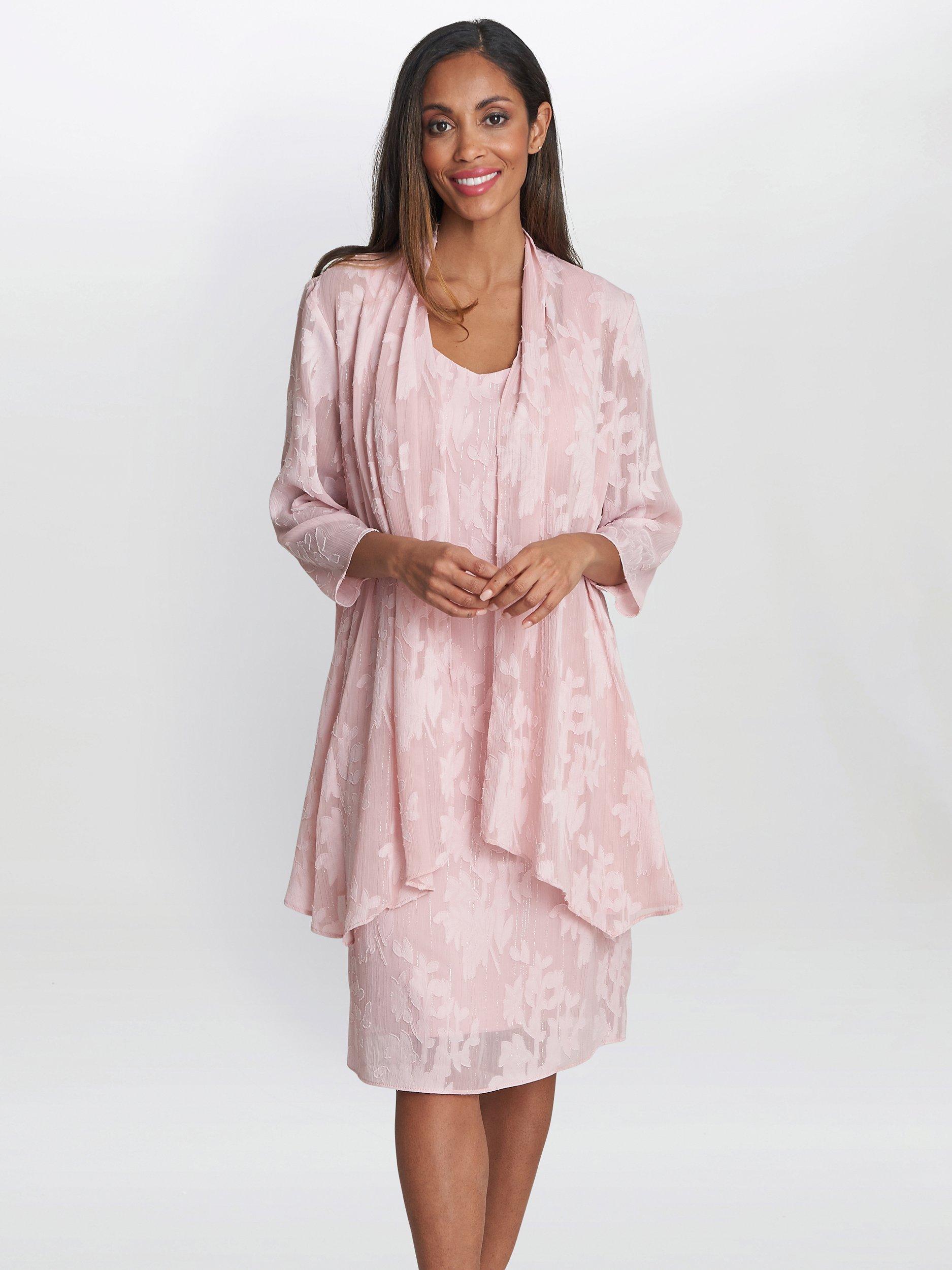 Product image 1 of 7, which shows Gina Bacconi Gemma Dress Jacquard Waterfall Jacket and Shift Dress, Rose Pink, 10