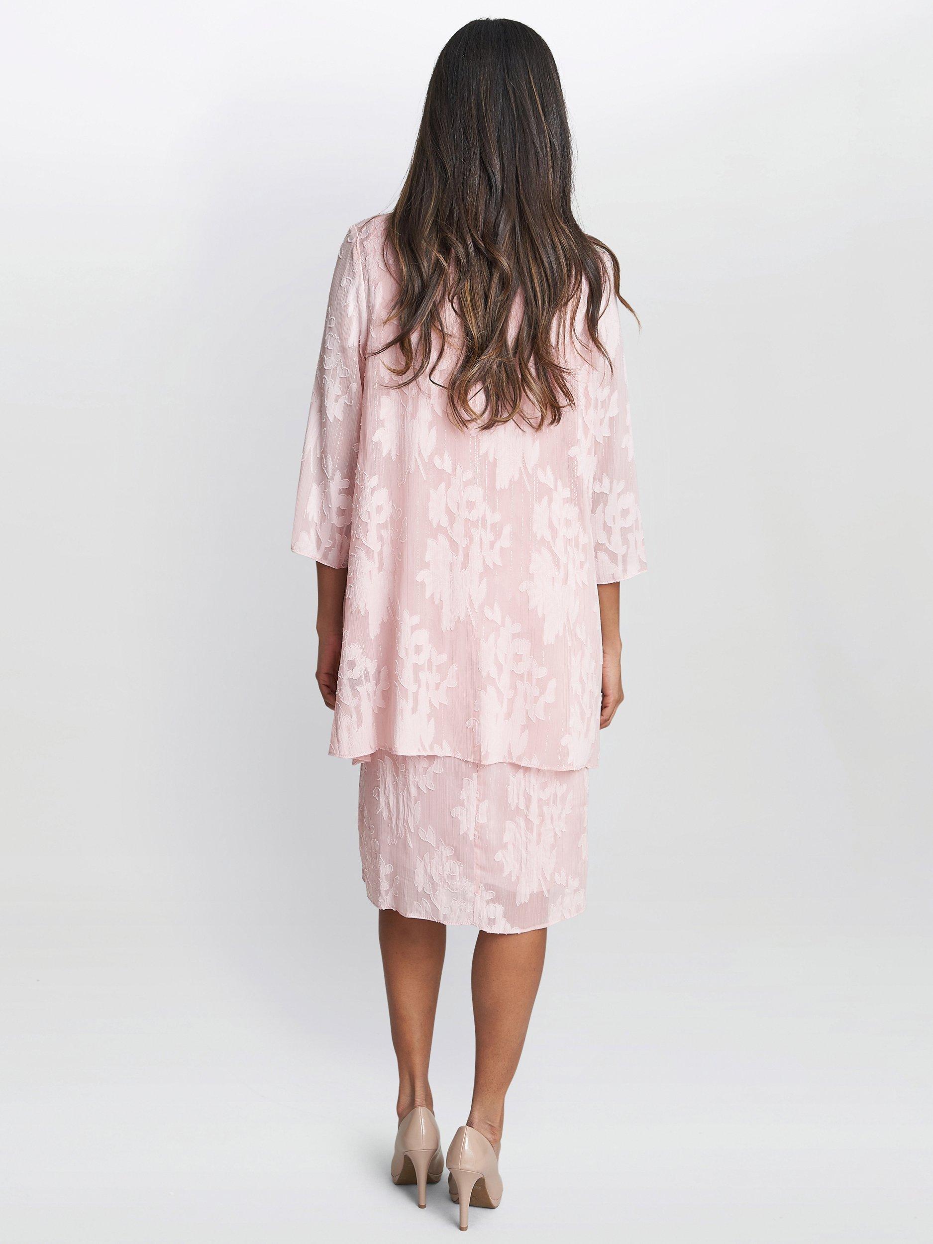 Product image 2 of 7, which shows Gina Bacconi Gemma Dress Jacquard Waterfall Jacket and Shift Dress, Rose Pink, 10