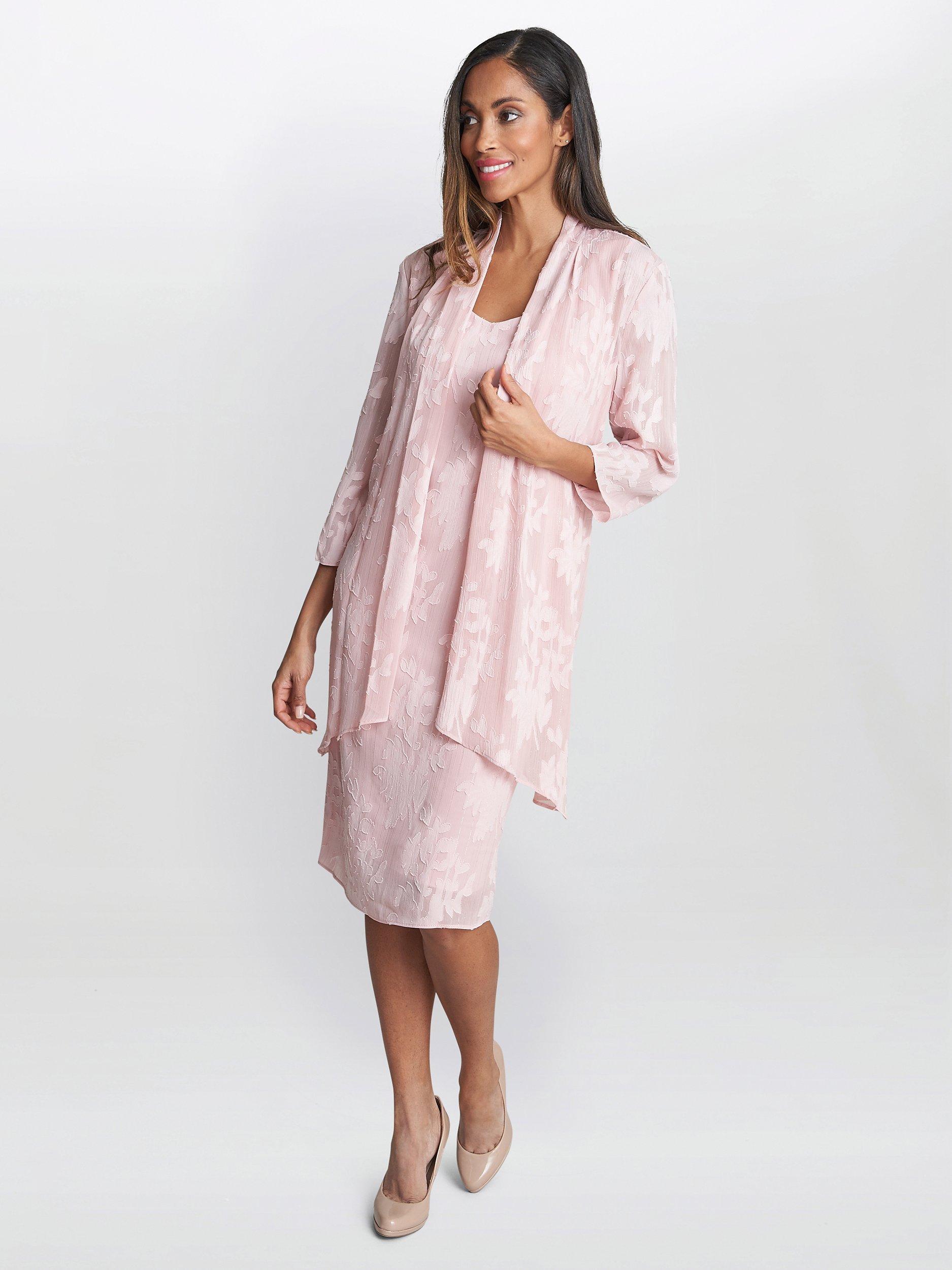Product image 3 of 7, which shows Gina Bacconi Gemma Dress Jacquard Waterfall Jacket and Shift Dress, Rose Pink, 10