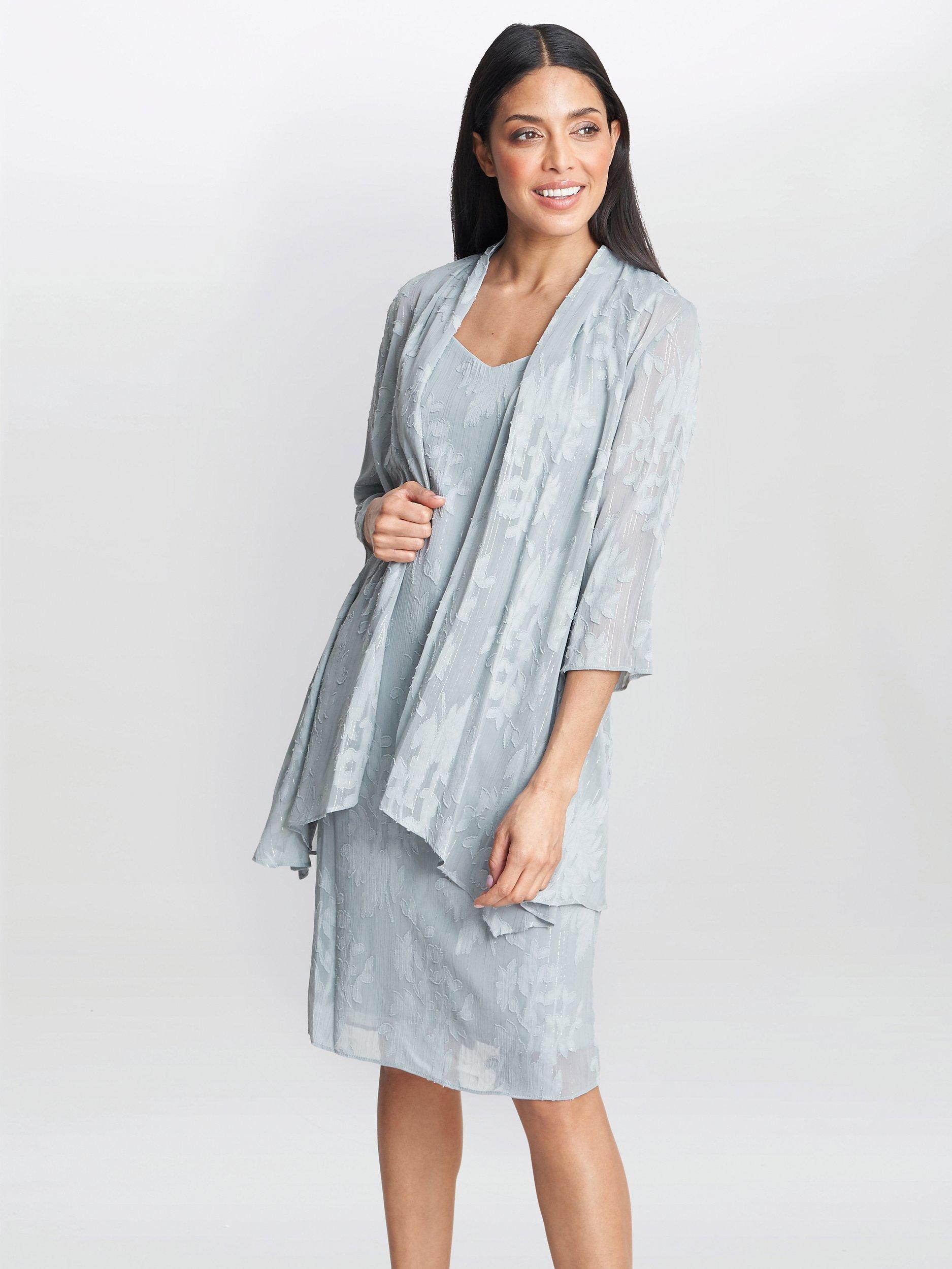 Product image 1 of 5, which shows Gina Bacconi Gemma Dress Jacquard Waterfall Jacket and Shift Dress, Slate, 10