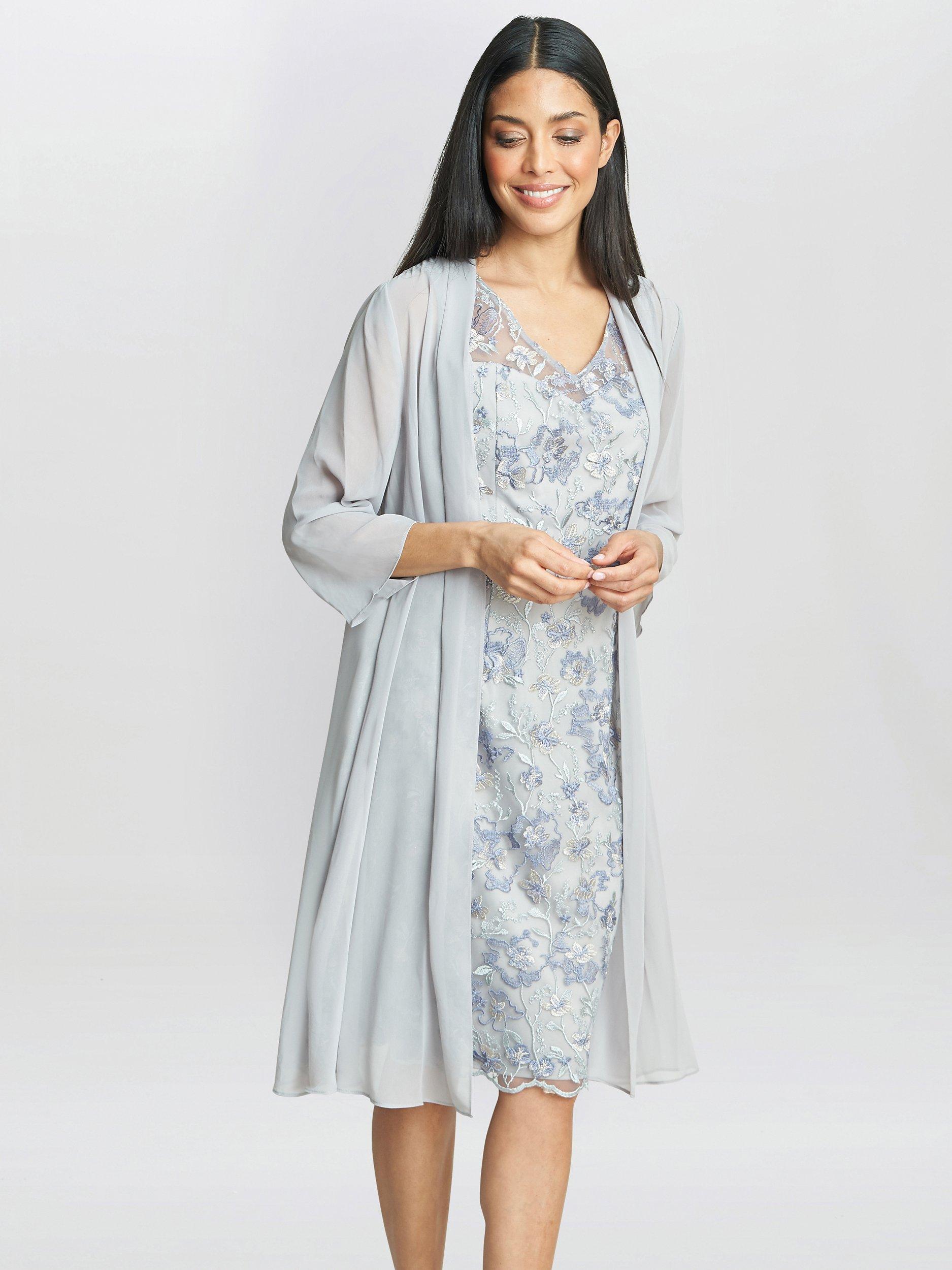 Gina Bacconi Tracy Chiffon Jacket and Floral Embroidered Dress Dove