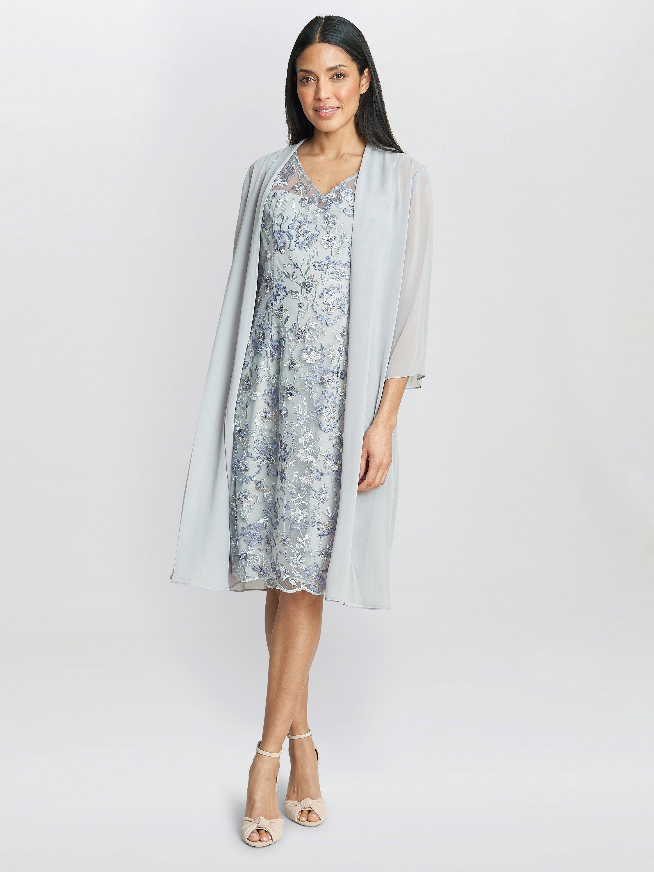 Product image 3 of 7, which shows Gina Bacconi Tracy Chiffon Jacket and Floral Embroidered Dress, Dove, 16