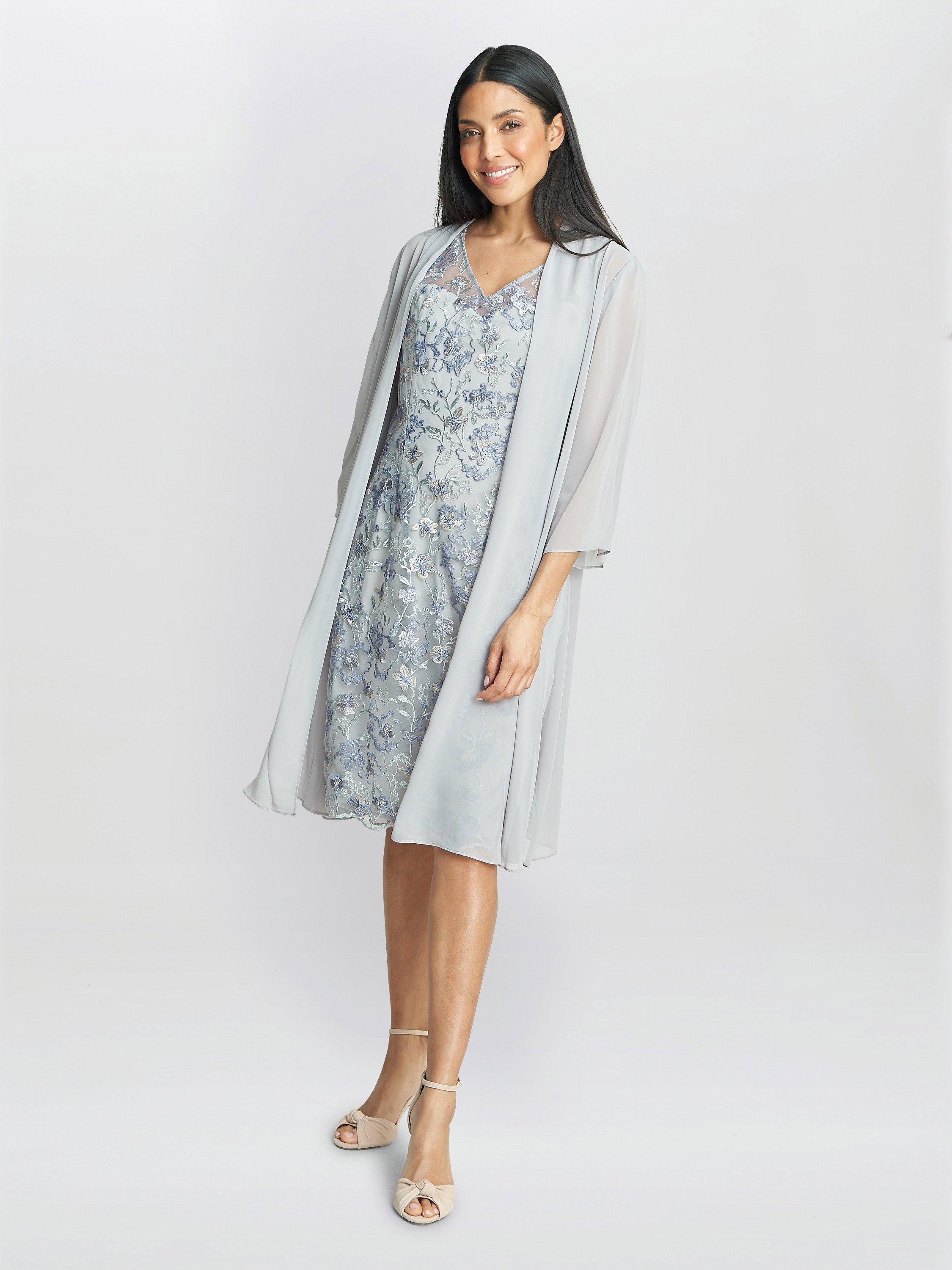 Product image 6 of 7, which shows Gina Bacconi Tracy Chiffon Jacket and Floral Embroidered Dress, Dove, 16