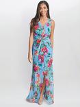 Gina Bacconi Jennifer Floral Twist Detail Maxi Dress, Aqua/Multi