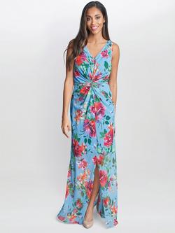 Gina Bacconi Jennifer Floral Twist Detail Maxi Dress, Aqua/Multi, Aqua/Multi