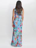 Gina Bacconi Jennifer Floral Twist Detail Maxi Dress, Aqua/Multi