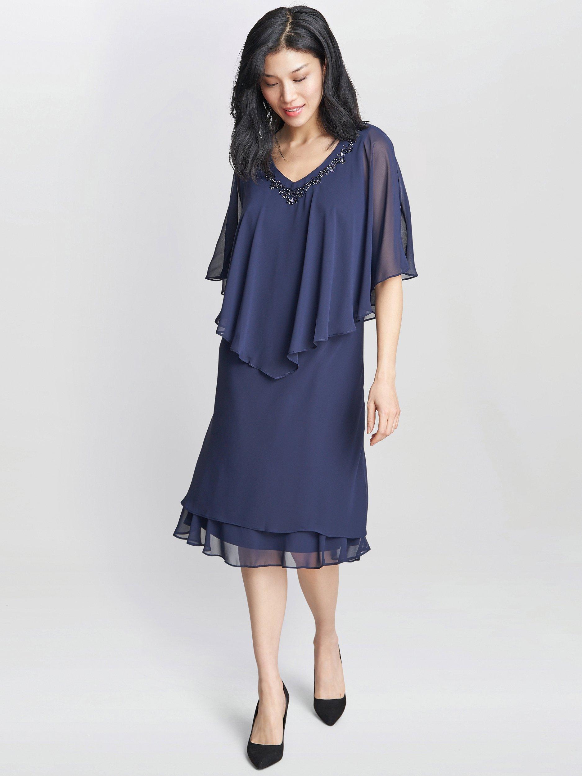 Product image 3 of 5, which shows Gina Bacconi Diana Cape Chiffon Dress, Spring Navy, 14