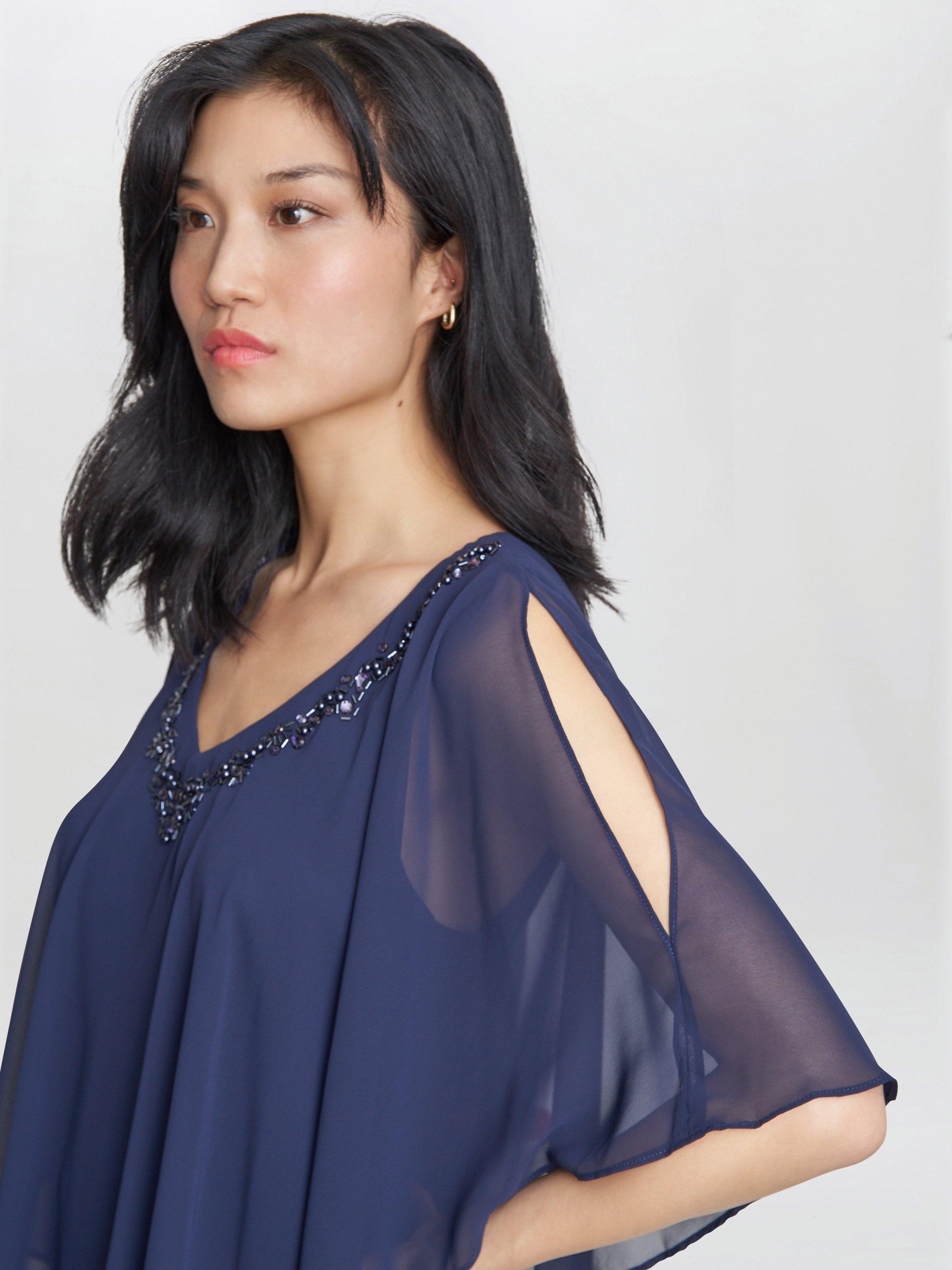 Product image 5 of 5, which shows Gina Bacconi Diana Cape Chiffon Dress, Spring Navy, 14