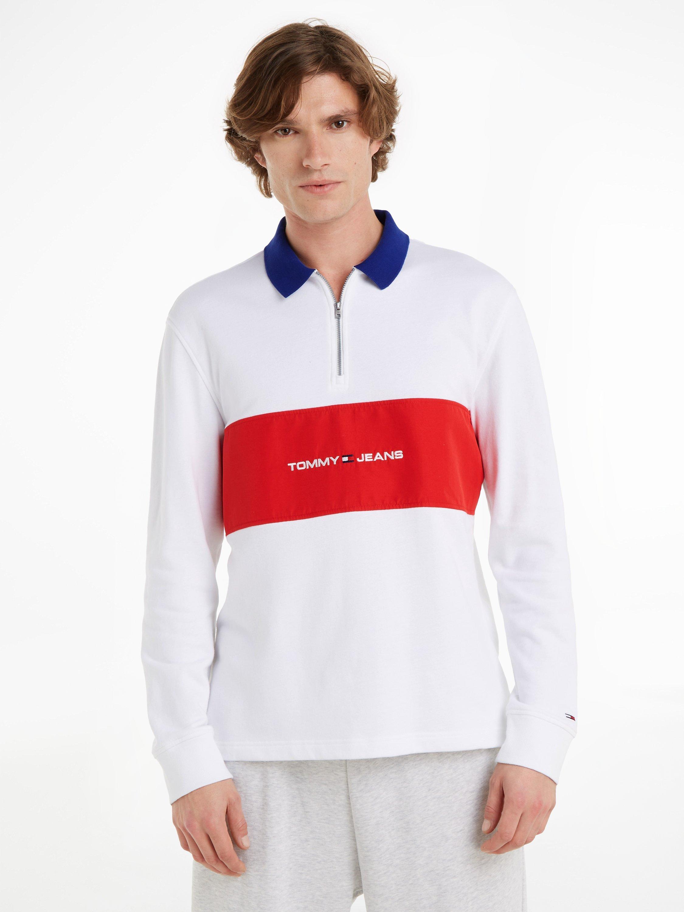 Product image 1 of 6, which shows Tommy Jeans Relaxed Rugby Polo Top, White/Red, M