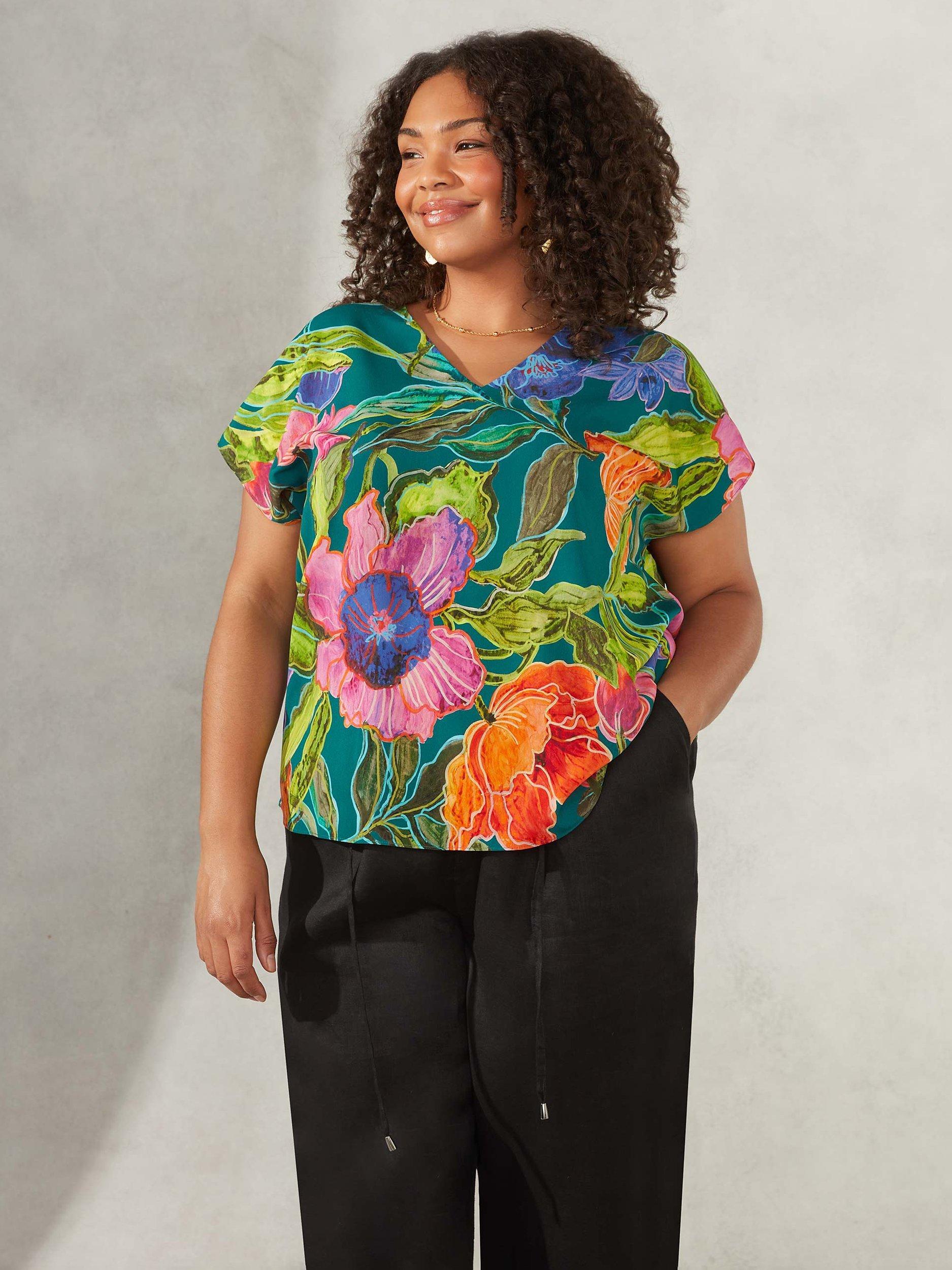 Live Unlimited Curve Floral and Leaf Print T-Shirt, Green/Multi